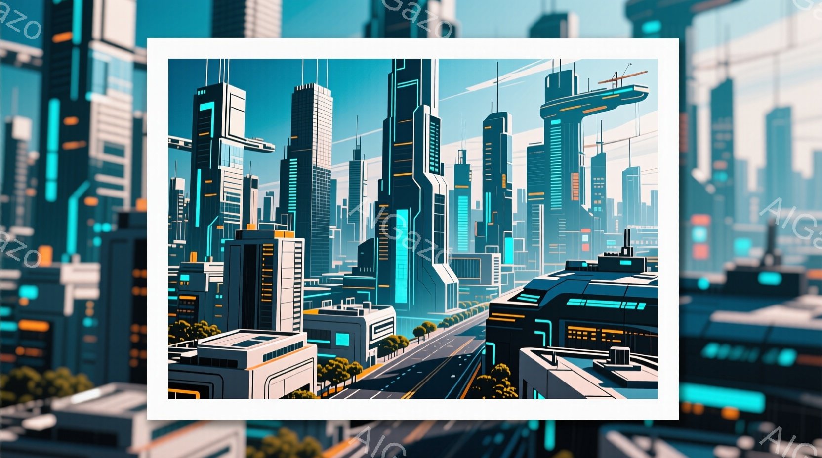 未来都市の壮大なパノラマが広がっており、高層ビル群が青空に向かってそびえ立っています。道路には車が走り、都市の活気を感じさせ、全体的に鮮やかで未来的な雰囲気です。建造物は幾何学的な形状で構成され、鮮や - AI生成フリー素材