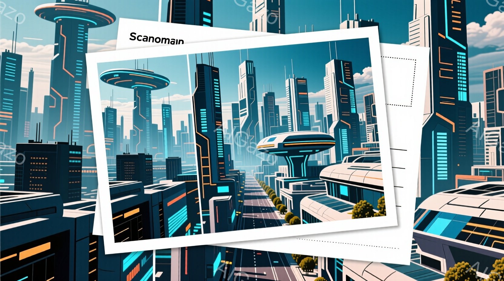 未来都市の壮大な景色が広がっている。高層ビル群が連なり、空にはユニークな形状の建造物が浮かび、未来的な高速鉄道が都市を横断している。鮮やかな青と紫の色調が、洗練された、夢のような雰囲気を醸し出している。