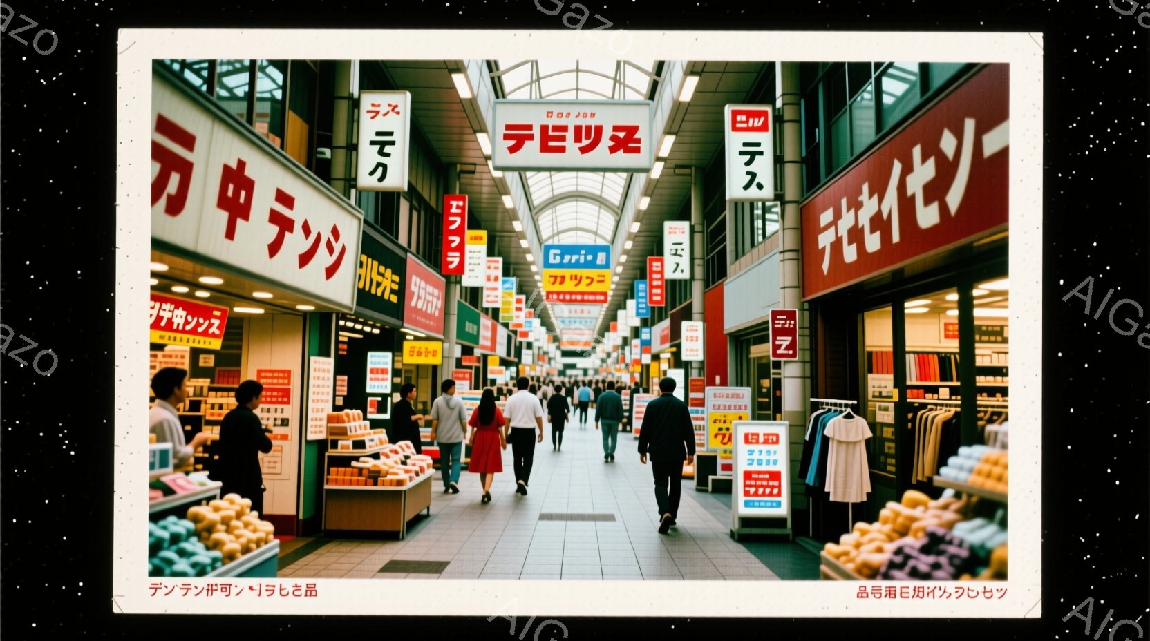 1960年代または70年代の日本の商店街を捉えたもので、多くの人々が歩行しています。 人々は当時流行していた服装で、男性はスーツやシャツを着ており、女性は膝丈のスカートやワンピースを着ています。商店街は両側に店舗が並び、食料品や衣料品など様々な商品が陳列されています。