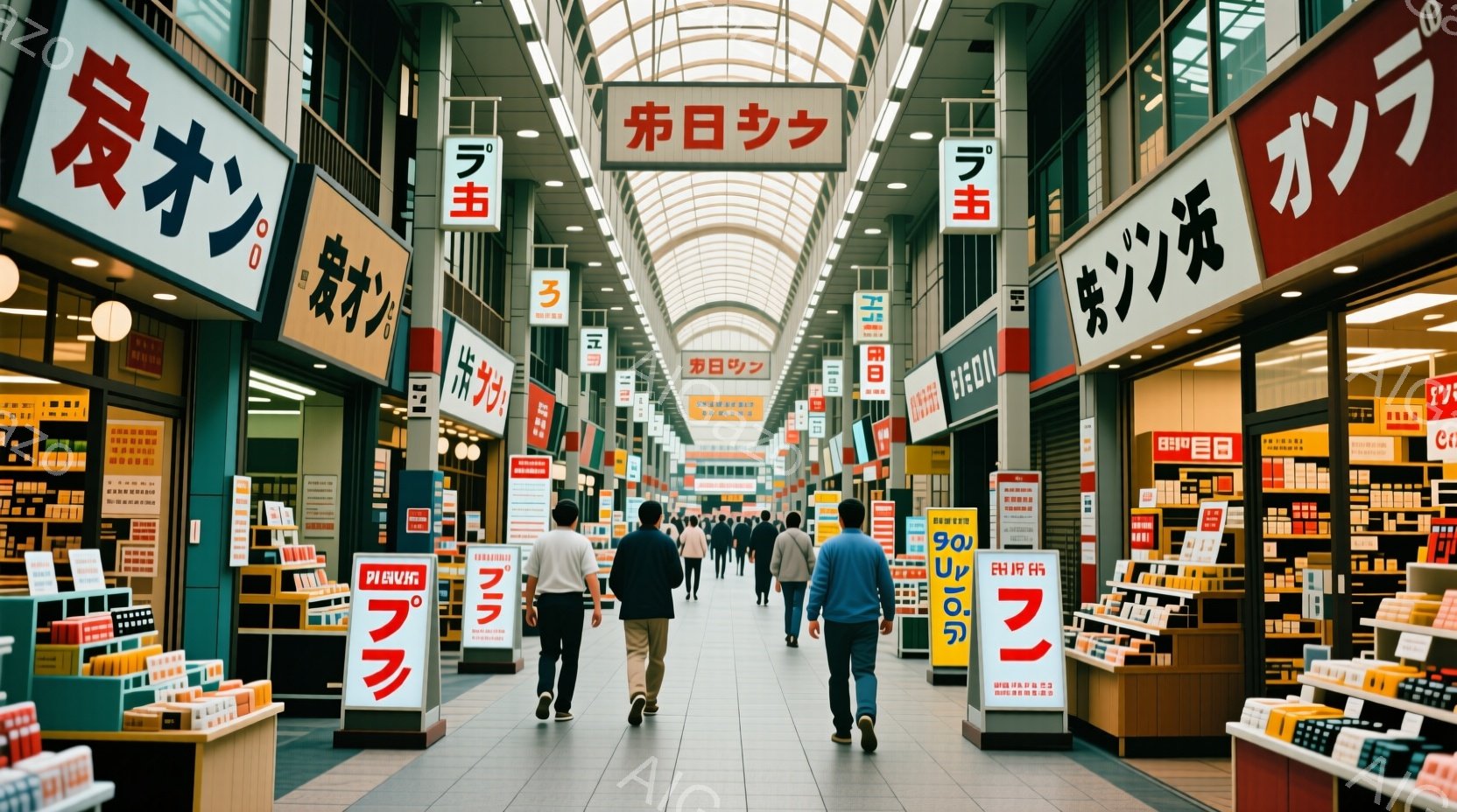 ショッピングアーケードの通路を人々が歩いている様子が写っている。多くの人がカジュアルな服装で、Tシャツやジーンズを着用しており、後ろ姿のため表情は不明である。アーケードの天井はガラス張りで光が差し込み、両側には様々な店が並び、看板が賑やかに表示されている。