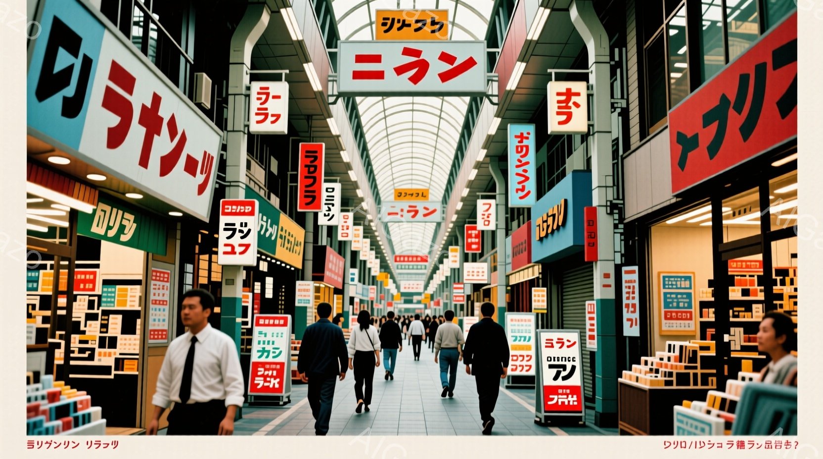 賑やかな商店街の様子を捉えています。多くの人々が黒いスーツと白いシャツを着て、足早に歩いており、皆後ろ姿で表情は読み取れませんが、どこか急いでいるような印象を与えます。商店街は両側に店が並び、カラフルな看板が目立ち、天井が高く、活気がありながらも少し懐かしい雰囲気です。