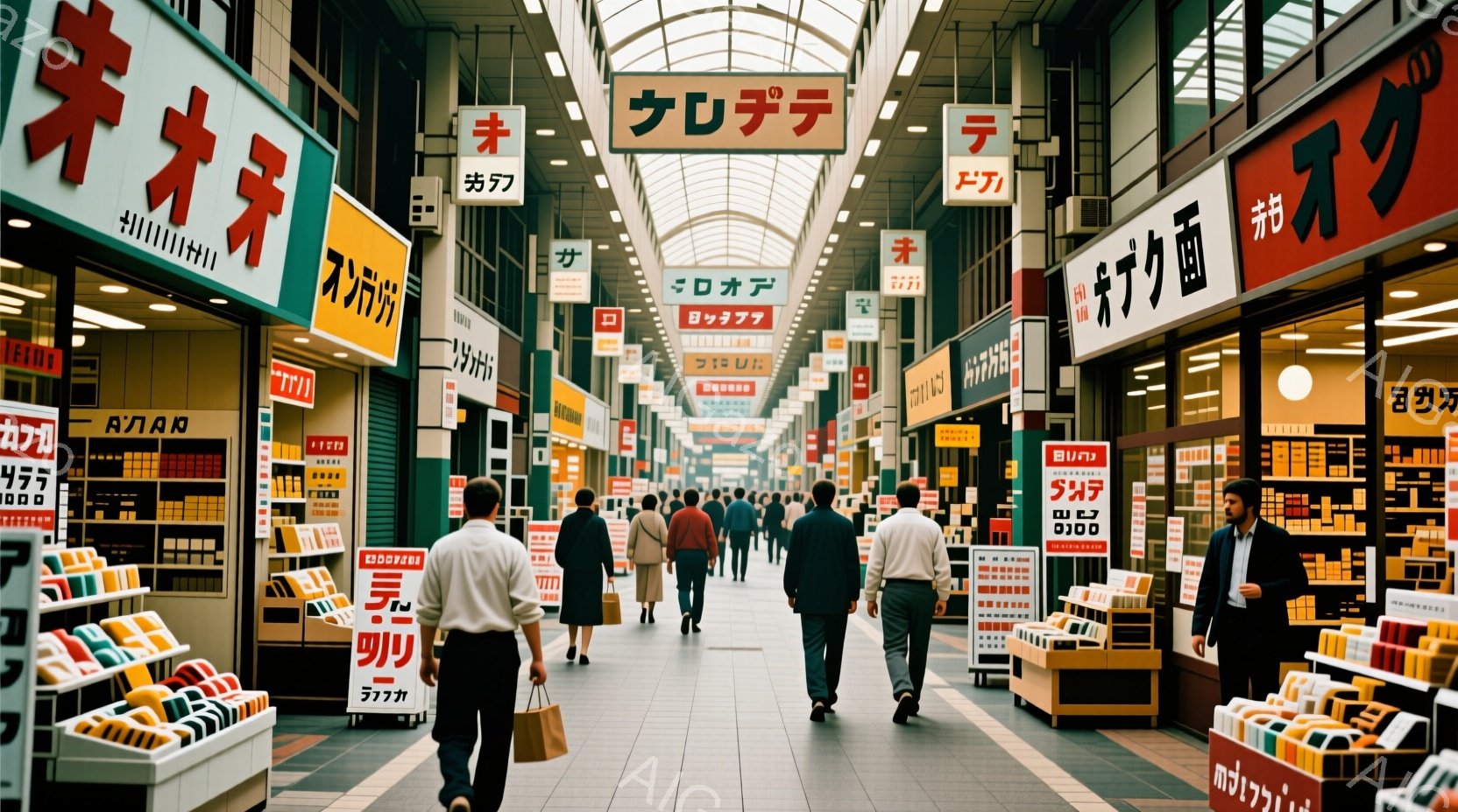 ショッピングアーケードの長い通路が写っており、多くの人々が歩いています。男性たちは皆、スーツとネクタイというフォーマルな服装で、黒髪で短髪です。アーケードの両側には、様々な商品が並んだ店舗が立ち並び、レトロな看板が所々に飾られています。