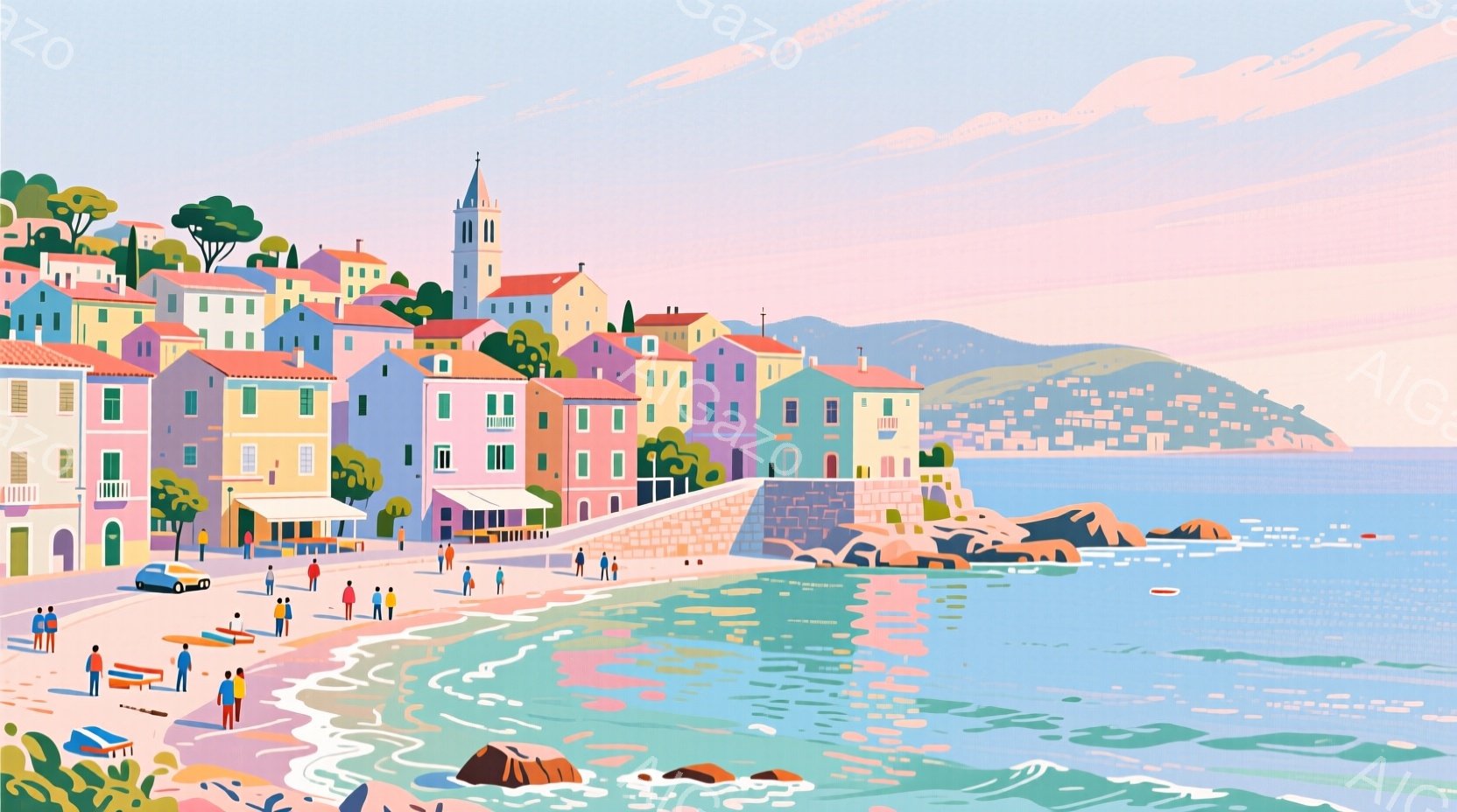 地中海沿いの小さな町並みが、パステルカラーで美しく描かれている。人々はそれぞれカジュアルな服装で、砂浜でリラックスしたり、散歩を楽しんでいる様子が伺える。背景には、赤瓦屋根の建物が密集し、遠くには穏やかな海と山々が広がり、平和で穏やかな雰囲気を醸し出している。