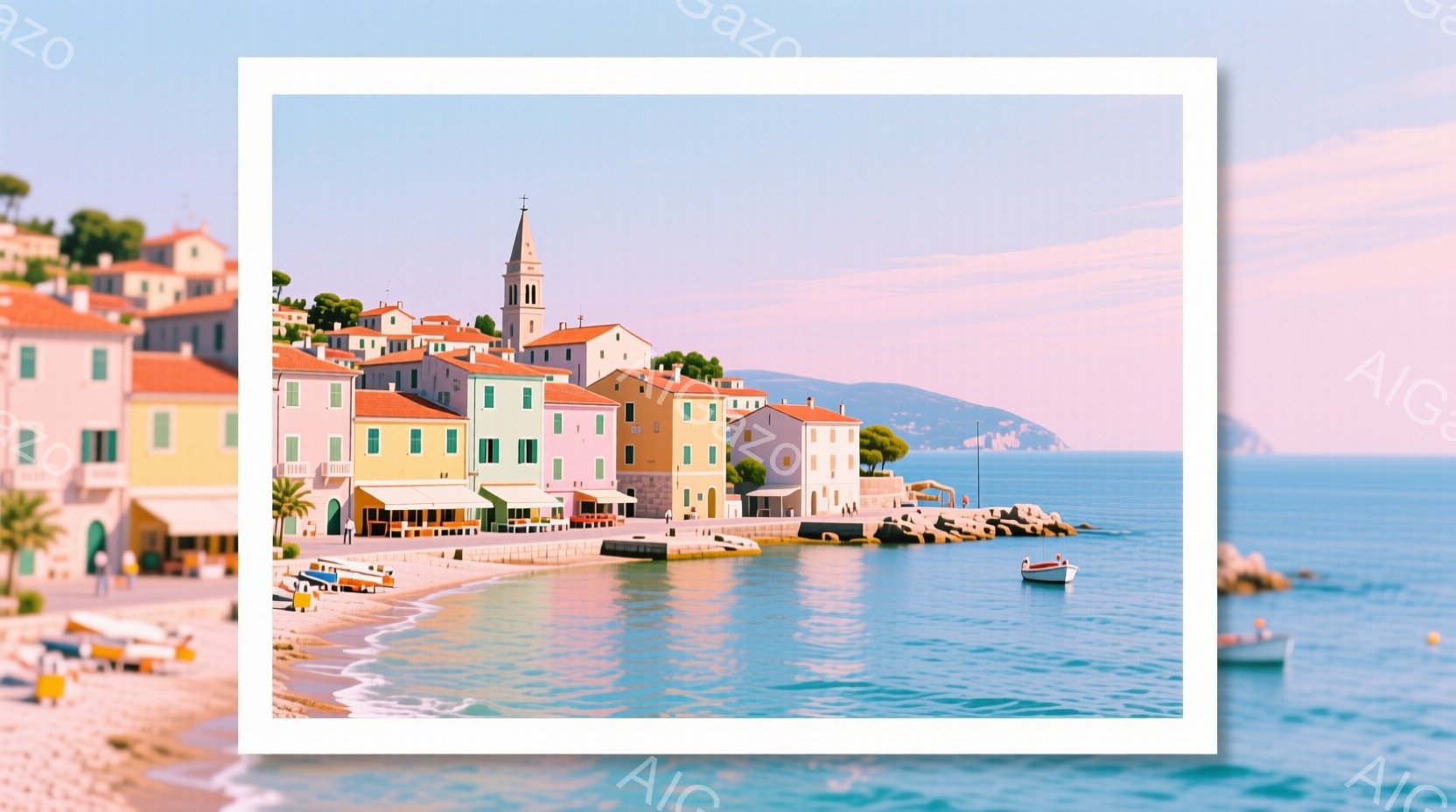 アドリア海に面したカラフルな建物が並ぶ、絵のように美しい海岸の風景です。建物はパステル調の色で彩られ、落ち着いた雰囲気の中で、数少ない人々が散歩を楽しんでいます。穏やかな海と空は薄いピンク色で、全体的 - AI生成フリー素材