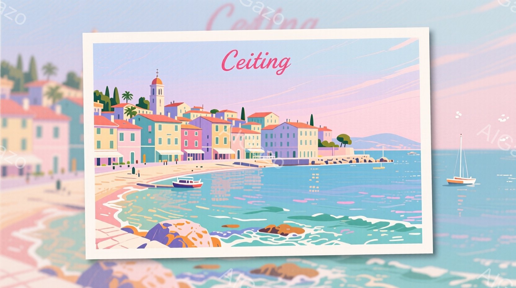 カラフルな建物が並ぶ、地中海沿岸の美しい風景が描かれています。穏やかな水面にはヨットが浮かび、岩場や砂浜が連なっています。全体的に暖かく、のどかで、リラックスした雰囲気が漂っています。 - AI生成フリー素材