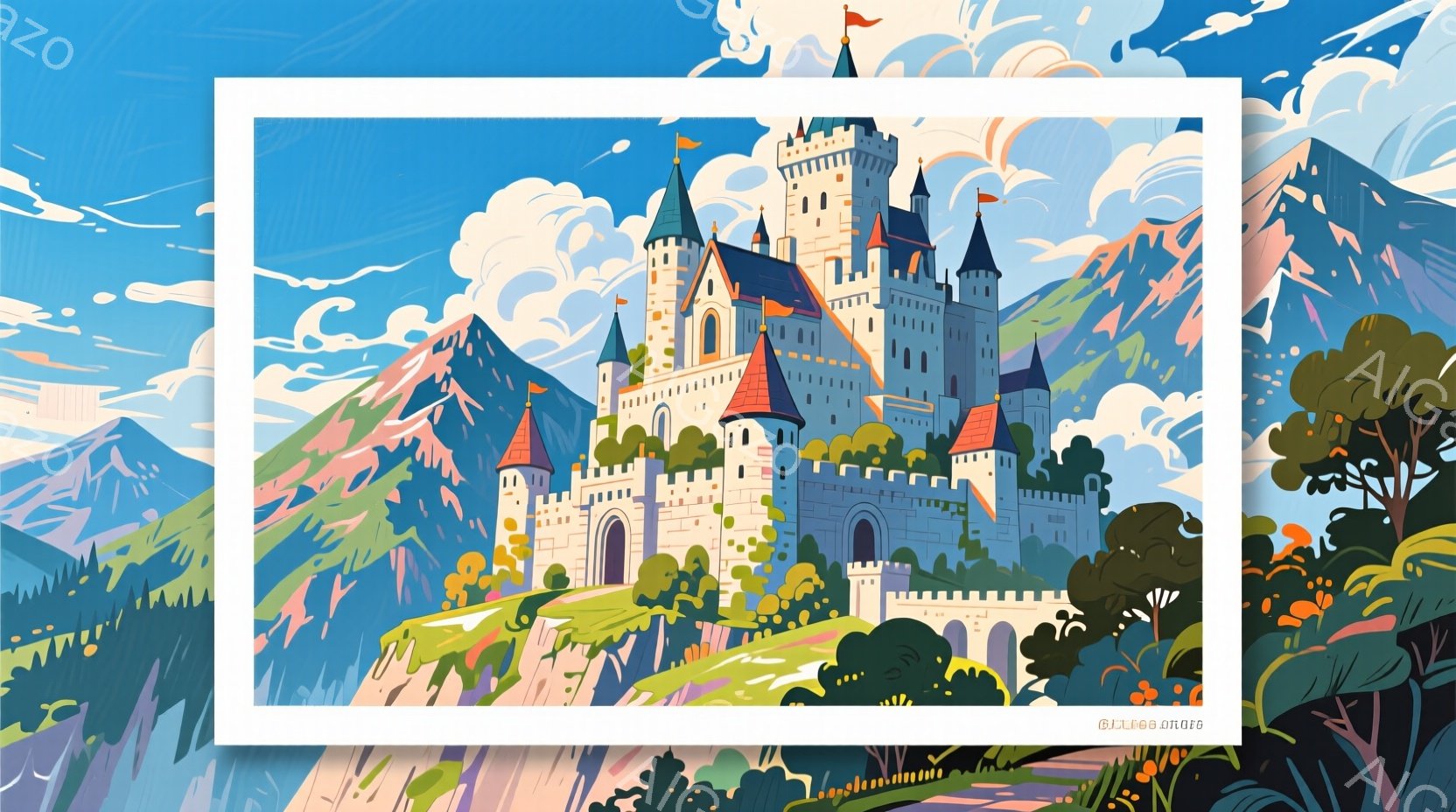 この絵は、丘の上にそびえ立つ壮大な城を描いています。城は白とグレーの石造りで、多くの塔と尖塔が特徴的で、青空と白い雲を背景に、鮮やかな緑の丘と植物が生い茂っています。全体的に、ファンタジーのような、お - AI生成フリー素材