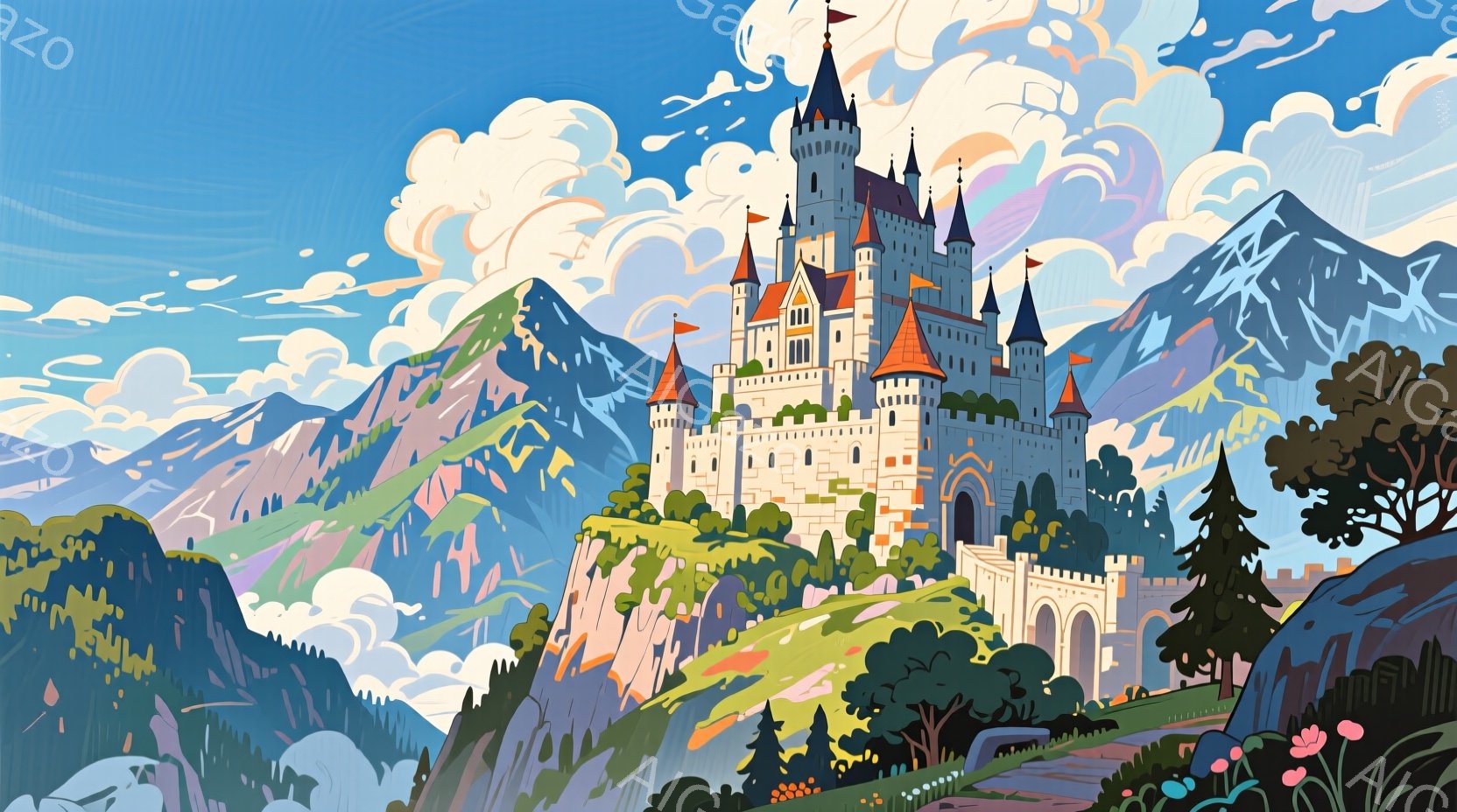 険しい山の上に堂々とそびえ立つお城が印象的です。ピンクと白を基調としたお城は、複数の塔と城壁を持ち、鮮やかな旗が風になびいています。周囲には緑豊かな丘陵地帯が広がり、背景には雪を抱いた山々が連なり、晴 - AI生成フリー素材