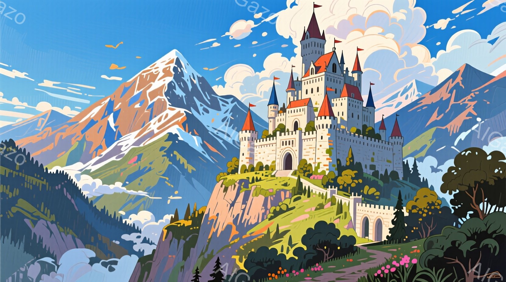 険しい山の上にそびえ立つ、おとぎ話のような城が印象的です。白い壁と青い屋根の城は、緑豊かな斜面と雪を抱く山々に囲まれ、雲が浮かぶ青空の下、壮大な自然の中に溶け込んでいます。城の周りには色とりどりの花が咲き乱れ、まるで夢の中の風景のようです。