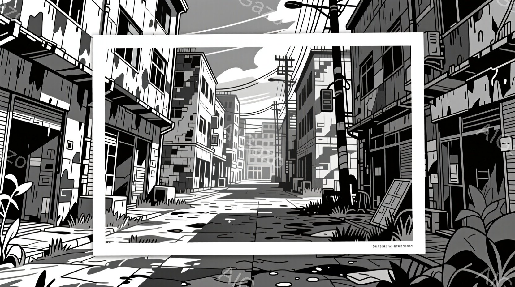 灰色のモノクロームのイラストは、都市の路地裏を描いています。両側には高層ビルが立ち並び、道はゴミや瓦礫で覆われています。空は薄いグレーで、全体的に荒廃した、閉塞感のある雰囲気を醸し出しています。