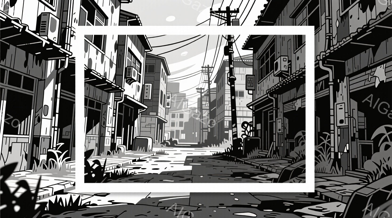 灰色のモノクロームの画像は、廃墟のような都市の風景を描写している。 建物は密集しており、老朽化が進んでいる様子がうかがえる。 道路には雑草が生え、荒廃した雰囲気が漂い、空は明るく、都市の静寂を強調している。