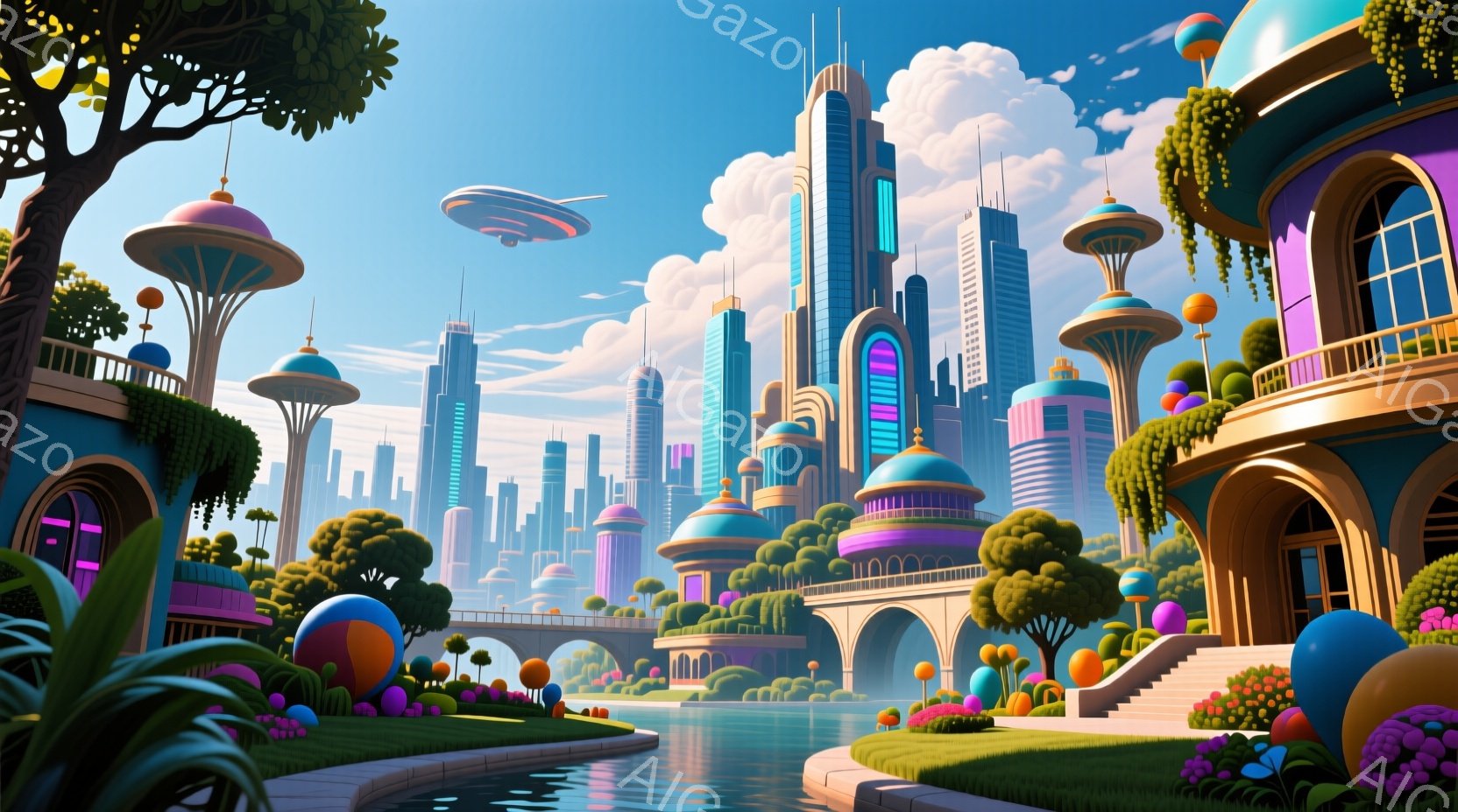 未来都市が広がる風景で、壮大な高層ビル群が青空に聳え立っています。運河にはアーチ型の橋がかかり、周囲は色とりどりの花や球体状の装飾で彩られた緑豊かな庭園が広がっています。全体的に明るく鮮やかな色彩で、 - AI生成フリー素材