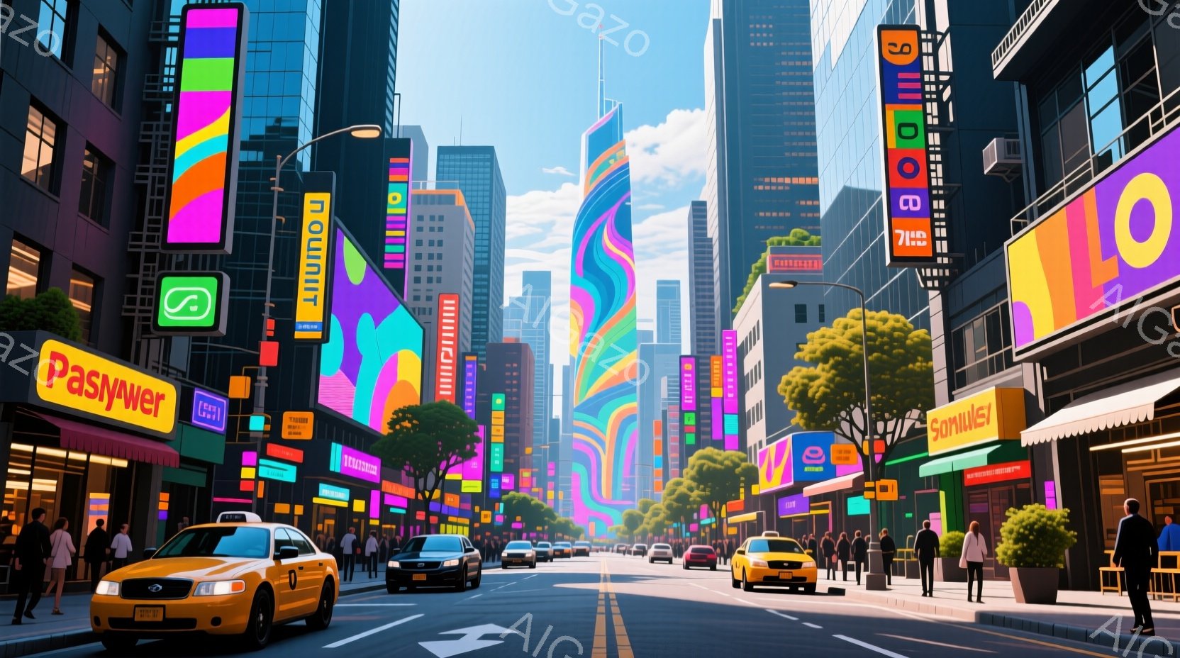 ニューヨークの賑やかな通りが描かれており、高層ビルが立ち並び、鮮やかなネオンサインが街を彩っています。人々はカジュアルな服装で歩き、タクシーや車が道路を走っており、晴天の下、活気のある都市の雰囲気が伝 - AI生成フリー素材