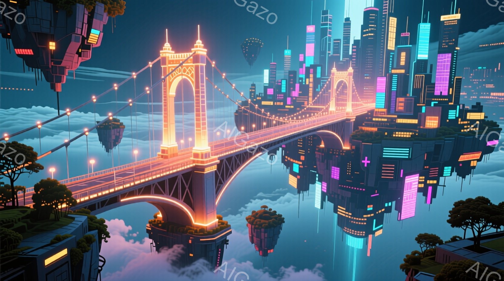 鮮やかなネオンカラーで照らされた未来都市が雲海の上に浮かぶ幻想的な風景です。高い建物が密集し、独特の形状の浮遊島が点在しており、壮大な橋がそれらを繋げています。全体的に、サイバーパンクとファンタジーが - AI生成フリー素材