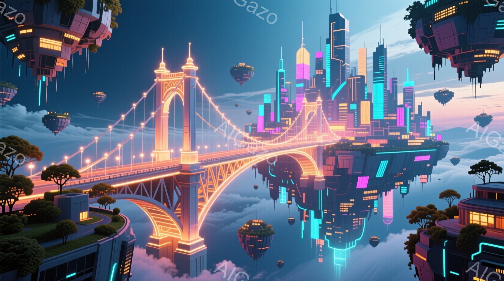 未来都市が雲海の上に浮かぶ幻想的な光景が広がっている。ネオンライトで照らされた高層ビル群と、それらを繋ぐ美しい橋が印象的で、SF映画のような雰囲気を醸し出している。空には、未来的なデザインの浮遊都市が - AI生成フリー素材