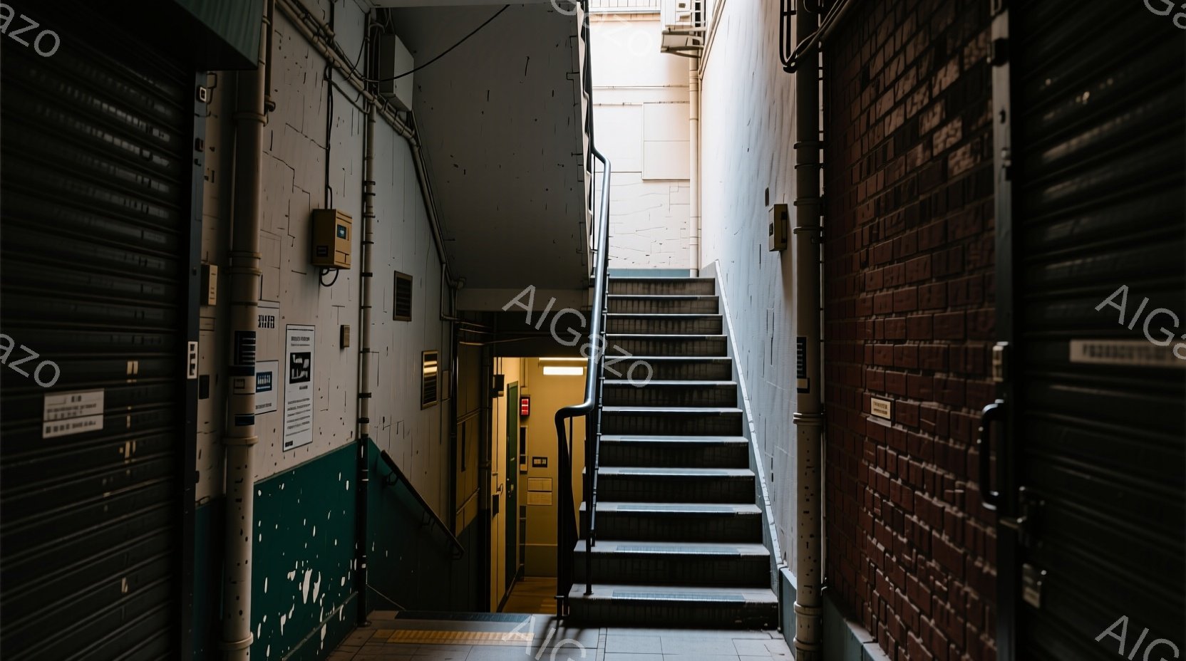 暗い階段室の画像で、左右には金属製のシャッターが並び、壁には様々な警告や指示の看板が貼られています。奥には薄暗い光が差し込む階段が続き、コンクリートの壁と床が剥がれかけており、荒廃した雰囲気が漂ってい - AI生成フリー素材