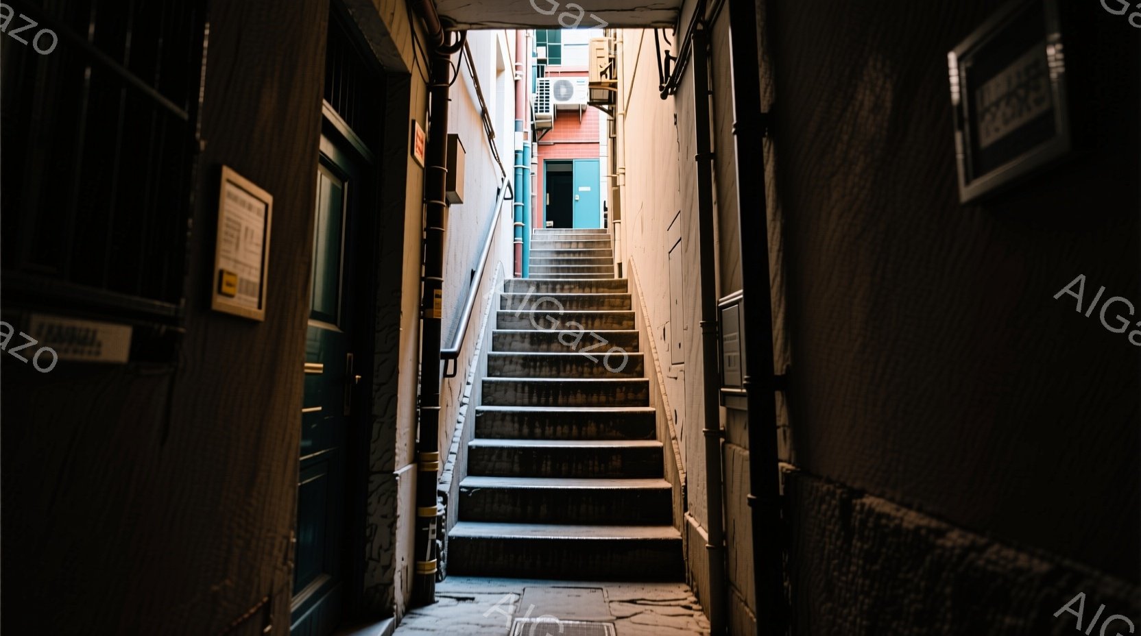 石段が続く狭い路地が写っている。路地の両脇には暗い色の建物が立ち並び、上には空が見える。全体的に陰影が強く、どこか懐かしい雰囲気の漂う風景だ。