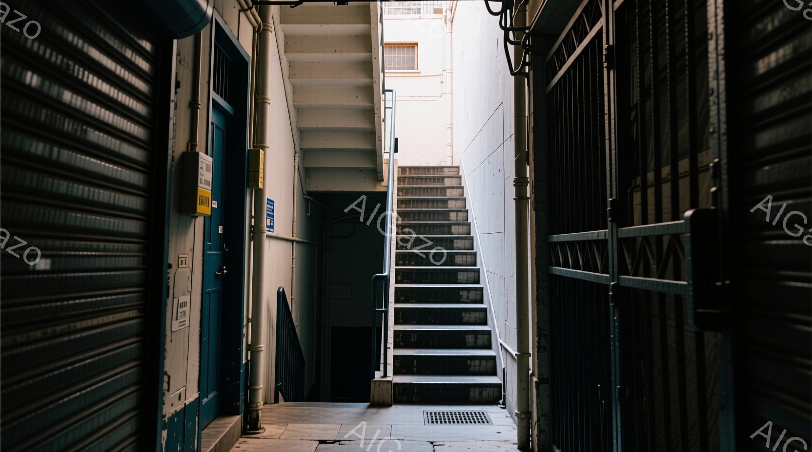 狭い路地が写っており、青いシャッターと金属製の柵に挟まれています。奥には階段が伸び、上には明るい光が差し込んでいます。全体的に薄暗く、少し寂しげな雰囲気で、都会の裏路地の様子を捉えています。