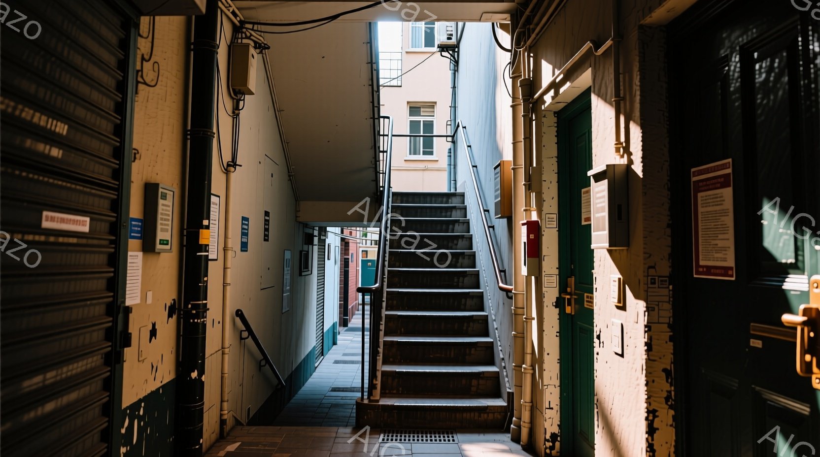 狭い路地が写っており、左手には金属製のシャッター、右手にはドアが並んでいる。路地の奥には階段が上へと続いており、その上には窓が見える。壁には配管や看板が取り付けられており、全体的に古びた、都会の裏路地の雰囲気が漂っている。