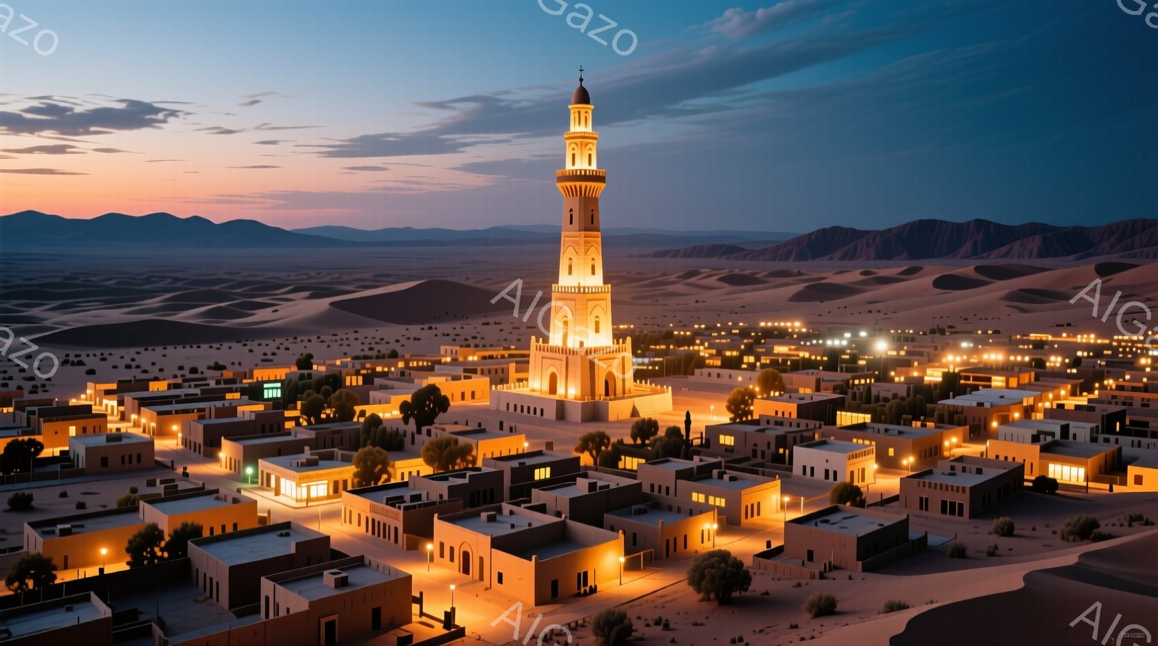 砂漠の中に広がる、ベージュ色を基調とした集落が、夕焼けに照らされて温かい光を放っている。高い塔が中央にそびえ立ち、周囲の低い建物と対照的で、集落の中心的な存在感を際立たせている。遠くにはなだらかな山々が連なり、穏やかで静謐な雰囲気を醸し出している。