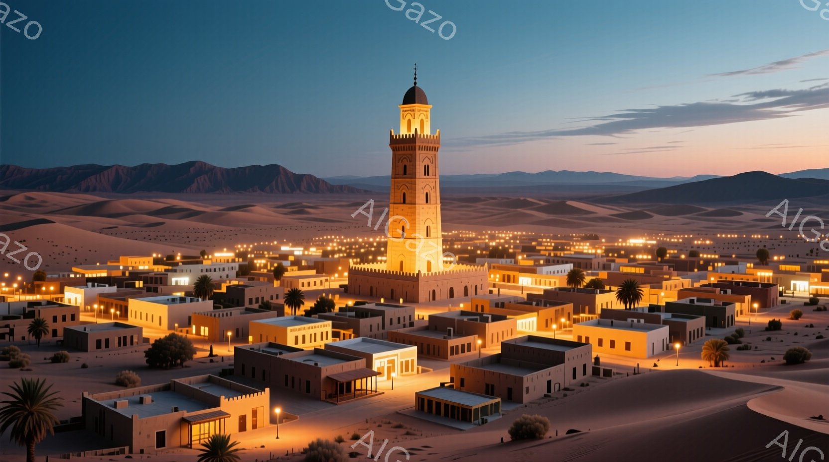 広大な砂漠の中に、土壁の建物が密集した古代都市が広がっている。夕暮れ時の空の下、建物全体がオレンジ色の光に照らされ、特に高い塔が都市の中心で際立っている。ヤシの木が点在し、遠くには山々が見え、静かで神秘的な雰囲気を醸し出している。