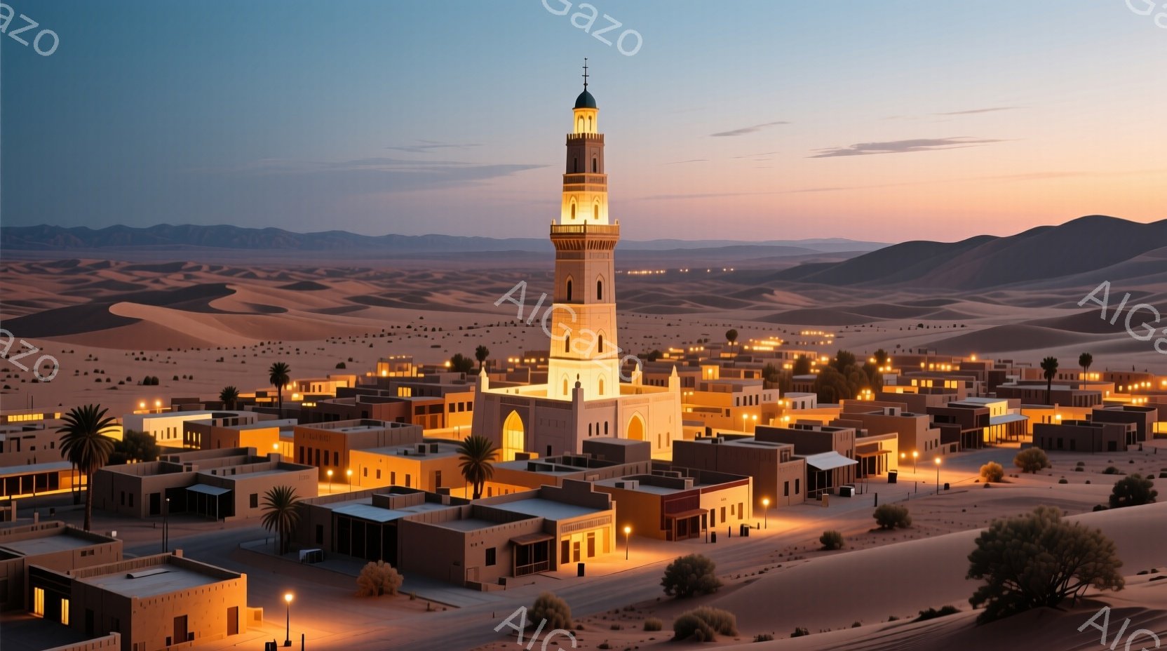 広大な砂漠の中に、ベージュと白を基調とした建物が密集した街並みが広がっている。高い塔が街の中心にそびえ立ち、夕暮れ時の空の下、建物全体が温かい光に照らされている。背景にはなだらかな山々が連なり、静寂で - AI生成フリー素材