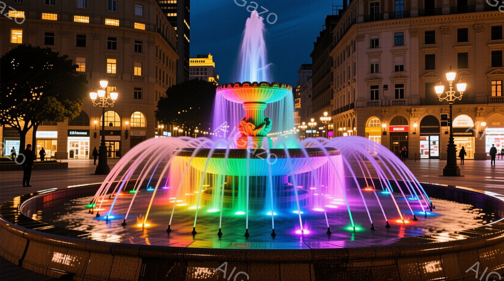 色とりどりの光が輝く噴水が、石畳の広場の中央に位置しています。周囲には、歴史的な建物が立ち並び、夜空には薄暗い光が広がっています。数少ない人々は暗く、具体的な様子はわかりませんが、静かで落ち着いた雰囲 - AI生成フリー素材