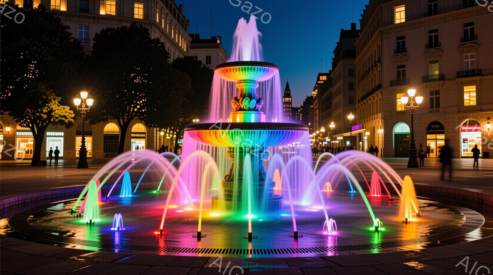 夜間にライトアップされた噴水が、鮮やかな虹色の光を放ち、周囲を華やかに彩っています。背景には、歴史的な建物が立ち並び、街灯が暖かく照らし出しています。静かで落ち着いた雰囲気の中で、噴水は幻想的な光景を - AI生成フリー素材