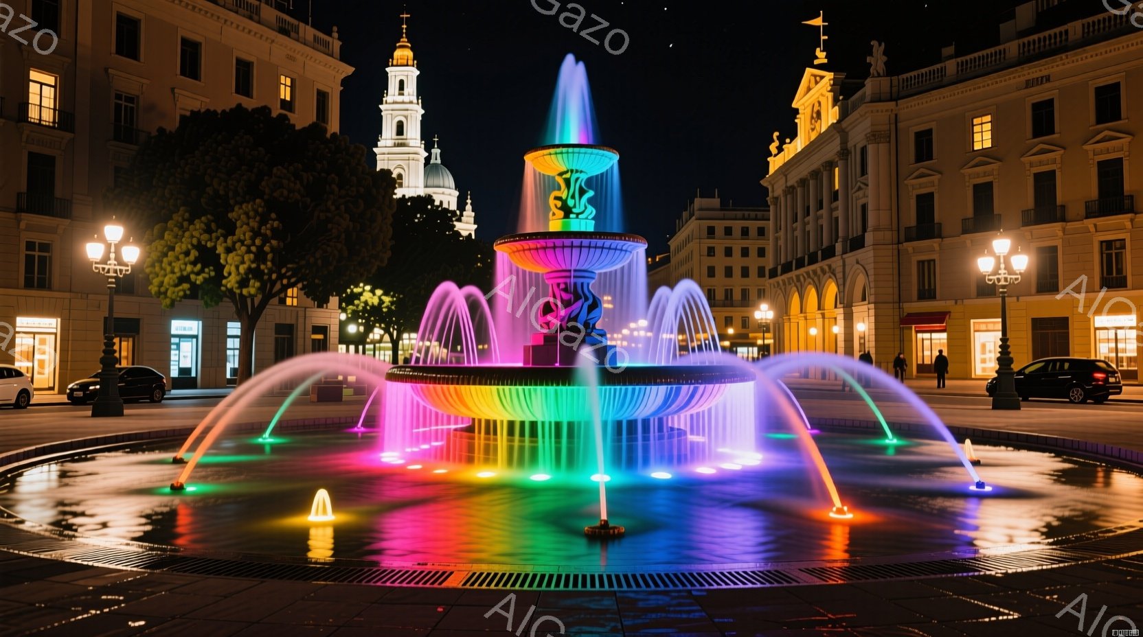 夜の広場に色鮮やかな噴水が輝いている。周囲にはクラシカルな建築物が立ち並び、静かで落ち着いた雰囲気が漂っている。遠くには人影が見え、夜空には星が散らばっている様子が伺える。 - AI生成フリー素材