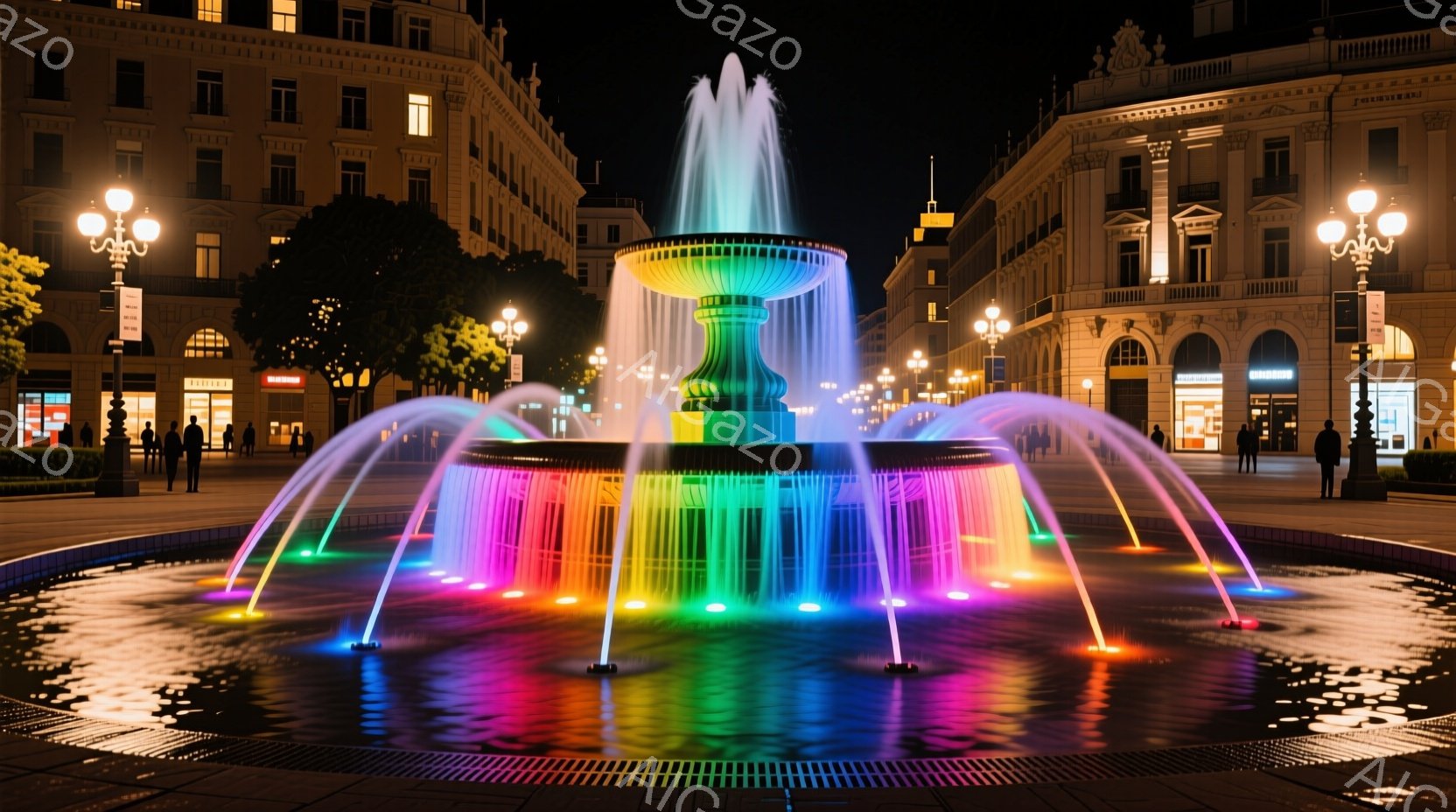 広場の中央には、虹色にライトアップされた美しい噴水がそびえ立っており、夜空に水柱が舞い上がっている。周囲には石造りの壮麗な建物が立ち並び、夜間の照明がその優雅さを強調している。数人の人々が遠くに散らばっており、静かに噴水の美しさを楽しんでいる様子が伺える。