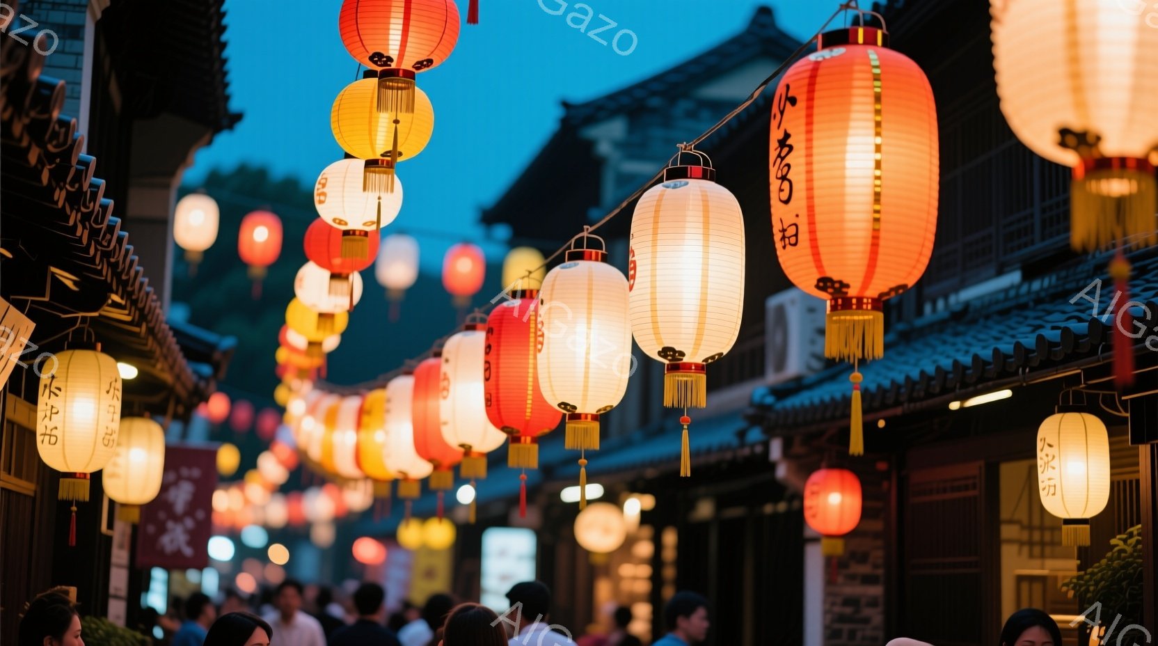 提灯が軒から軒へと連なり、歴史的な街並みを照らしている。人々は後ろ姿しか見えないが、賑やかな雰囲気の中で歩いている様子が窺える。建物は木造で、暗い夜空と提灯の光が暖かく、活気のある雰囲気を醸し出してい - AI生成フリー素材