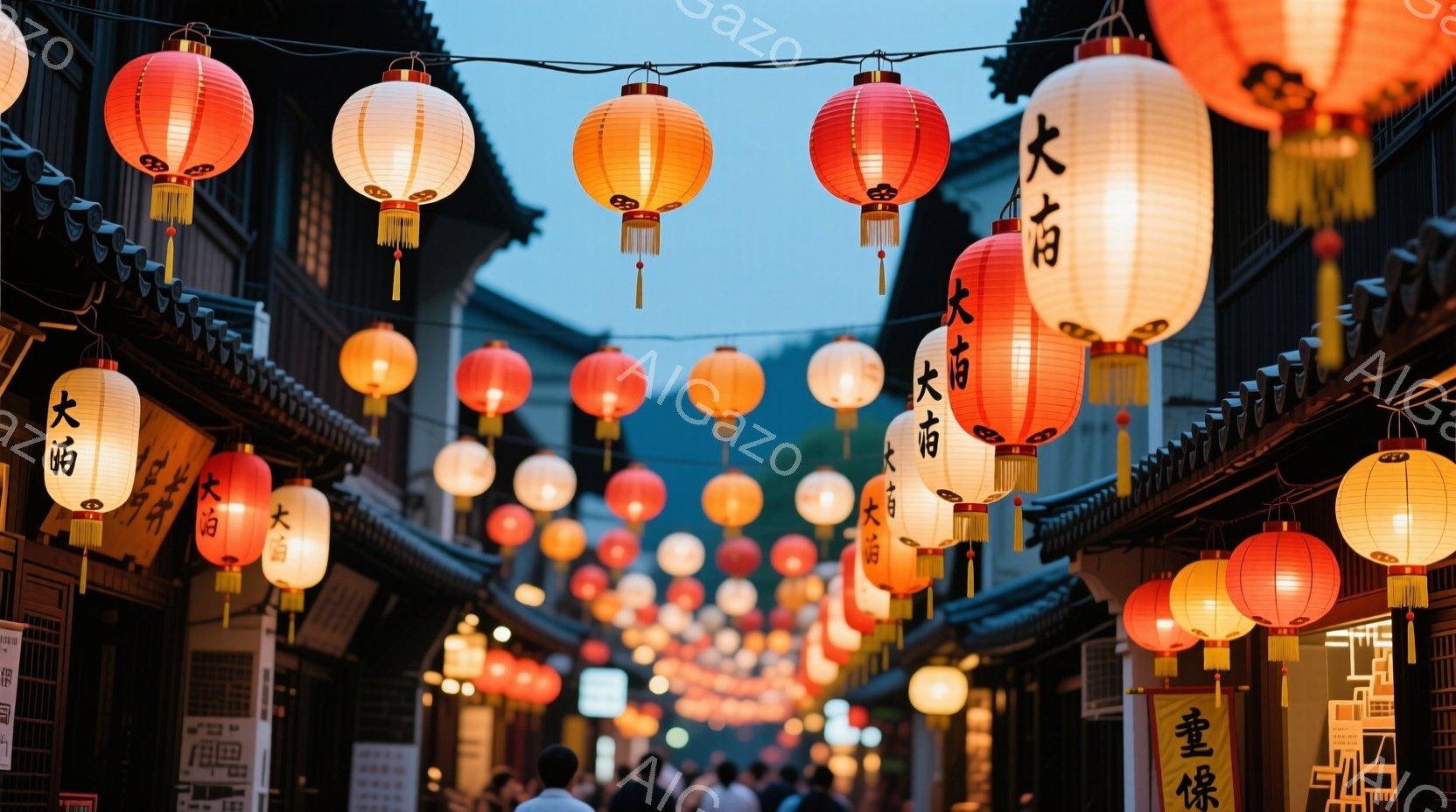 石畳の路地に、提灯がびっしりと並び、まるでトンネルのようになっている。人々は黒や濃い色の服を着ており、提灯の暖かい光に照らされている。古い木造建築が両側に立ち並び、伝統的な日本の街並みを形成している。 - AI生成フリー素材