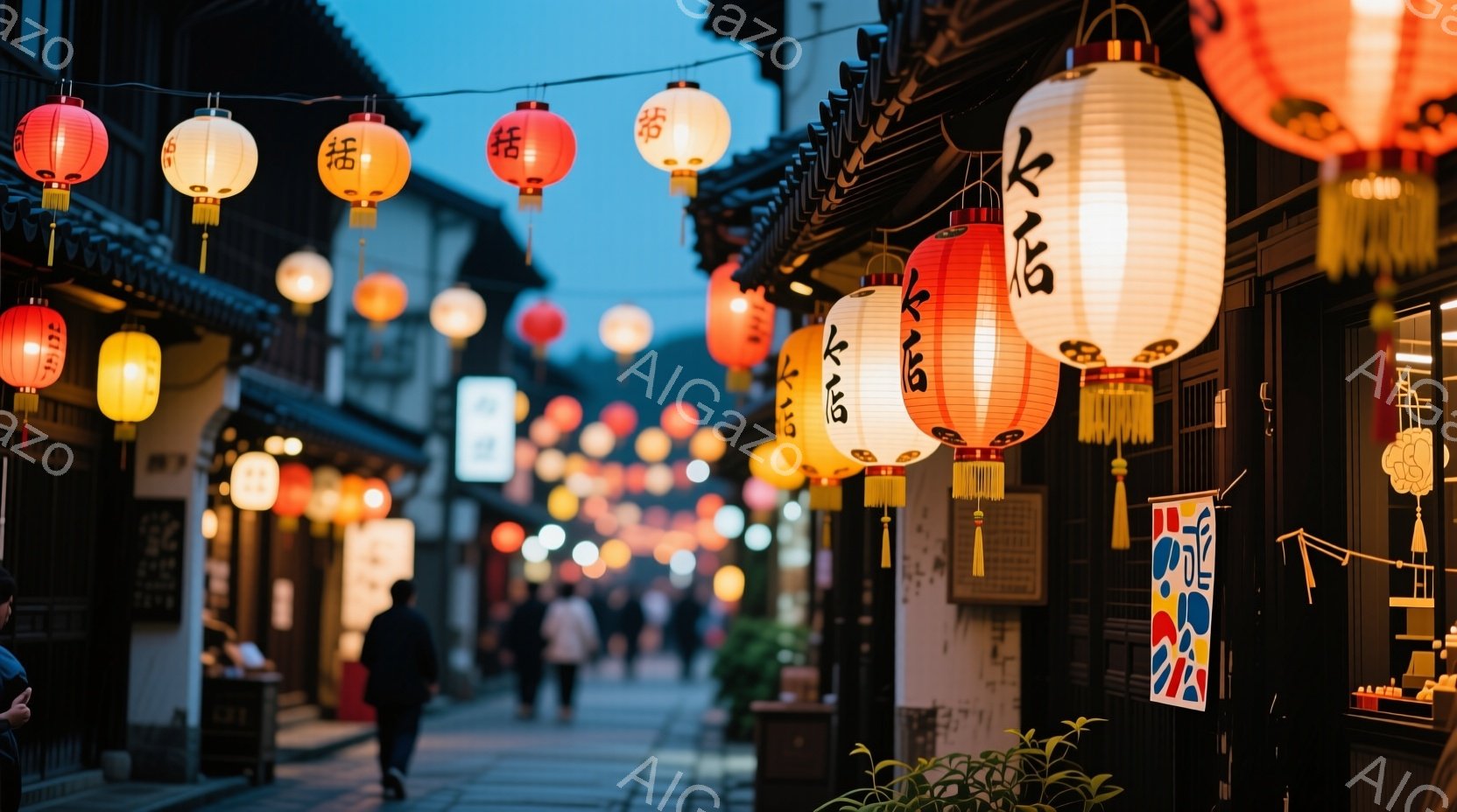 狭い石畳の道沿いに、提灯が連なり、暖かい光を放っている。人々は後ろ姿しか見えないが、歩く姿から、落ち着いた雰囲気の散歩を楽しんでいる様子が窺える。古い木造建築とわずかな緑が、歴史的な日本の街並みを醸し出し、夕暮れ時の静かで趣のある雰囲気が感じられる。