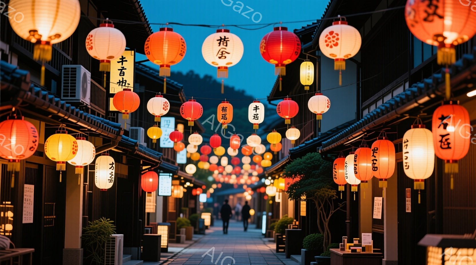 狭い石畳の路地が、無数の提灯で美しく彩られている。提灯には漢字が書かれており、レトロな雰囲気を醸し出している。遠くには人影が見え、夜の静けさの中に温かい光が灯っている。 - AI生成フリー素材