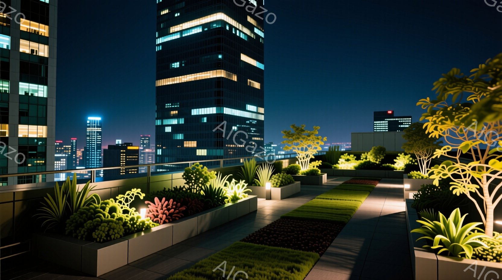 高層ビル群を見下ろす屋上庭園で、幾何学的な花壇がライトアップされ、鮮やかな緑と赤が印象的だ。夜空を背景に、モダンな都市景観と自然が調和した、洗練された雰囲気の空間が広がっている。ライトアップされた植物 - AI生成フリー素材
