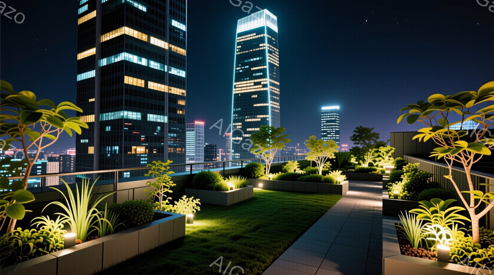 夜景を背景に、高層ビルの屋上庭園が広がっている。整然と配置された植栽と緑の芝生、そしてライトアップされた歩道が美しいコントラストを生み出しており、都会の喧騒を忘れさせる静寂な空間を表現している。高層ビ - AI生成フリー素材