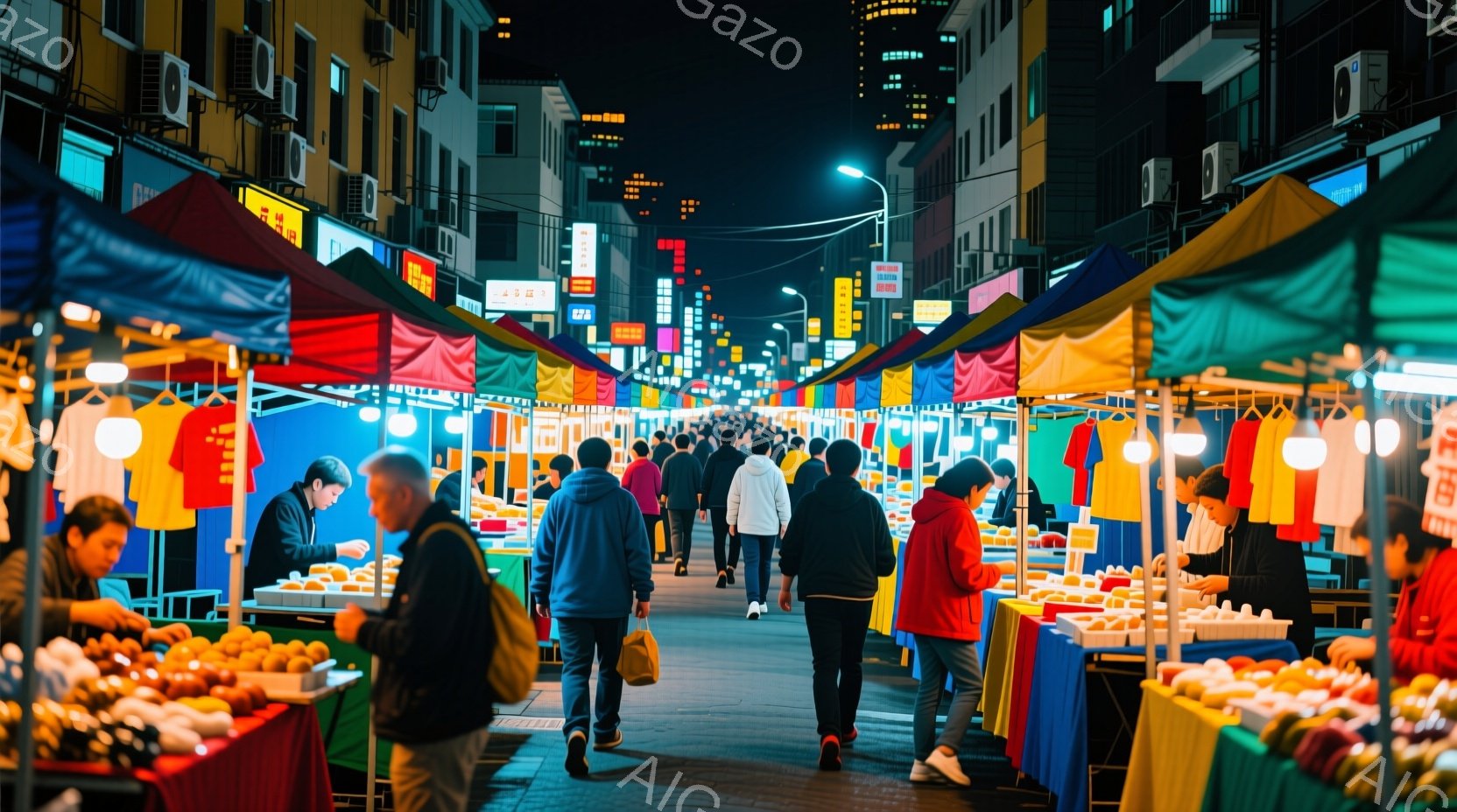 夜の市場が賑わっており、多くの人々が屋台の間を歩いている。人々は様々な色のジャケットやコートを着用しており、カジュアルな服装が多い。背景には高層ビルが立ち並び、屋台のカラフルな光と対照的で、活気のある - AI生成フリー素材