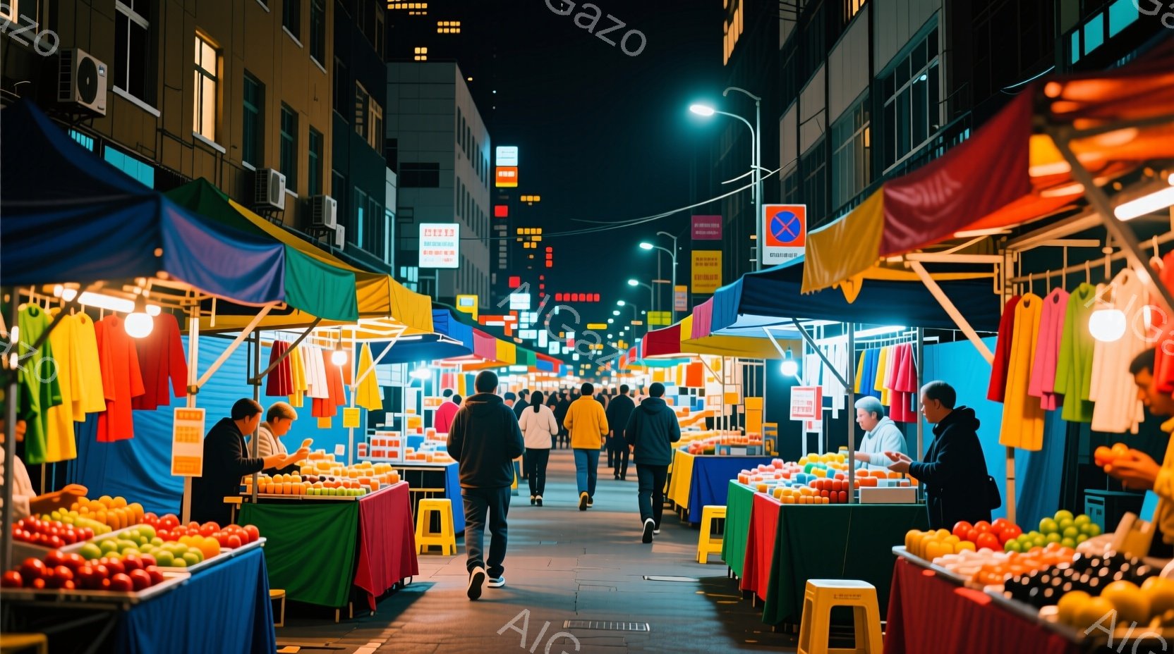 夜の市場の通りを多くの人々が歩いている様子が写っている。屋台にはオレンジやトマトなどの色とりどりの果物が並び、鮮やかな色彩が目を引く。背景には高層ビルが見え、都市の夜景と活気のある市場の雰囲気が混ざり - AI生成フリー素材