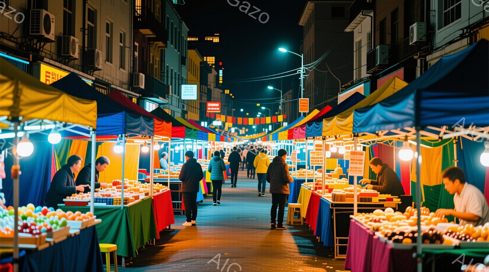 夜の通りに、色とりどりの屋台が並び、多くの人々が歩き回っている様子が描かれている。人々はカジュアルな服装で、一部は商品を選びながら歩き、別の者は立ち止まって商品を見ている。背景には建物が連なり、通り全体が温かい光に包まれ、活気あふれる夜の市場の雰囲気が伝わってくる。