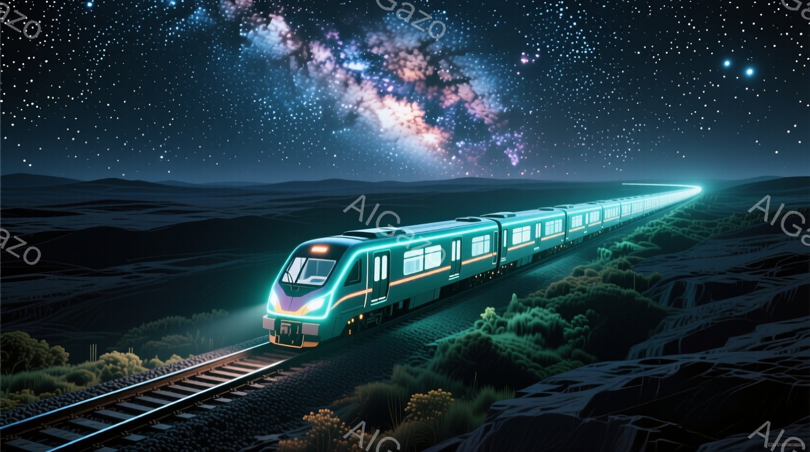 深緑色の未来的な列車が、暗い地形の中を疾走している。列車の側面には明るい青色の光が走り、その背後には壮大な銀河が広がっている。列車の周囲には緑色の植物が密集し、神秘的な夜の雰囲気を醸し出している。