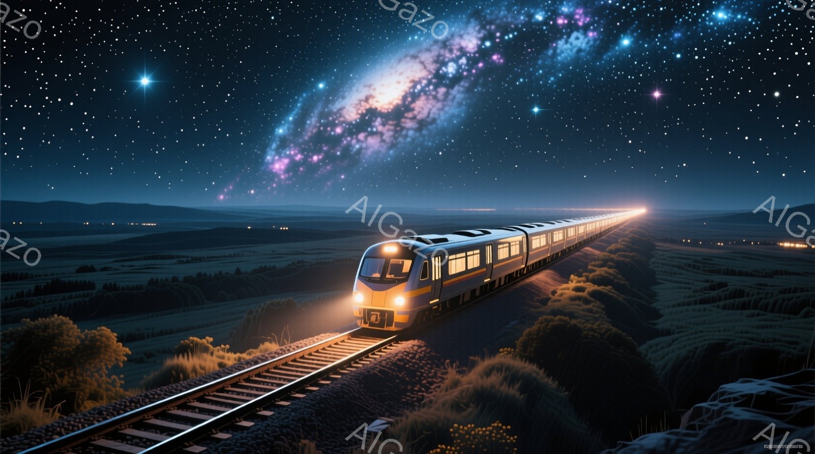 夜空の下、線路の上を黄色い電車が走っている。電車の明かりが暗闇を照らし、背後には壮大な銀河が広がっている。周囲は緑色の草地が広がり、穏やかで幻想的な雰囲気を醸し出している。 - AI生成フリー素材