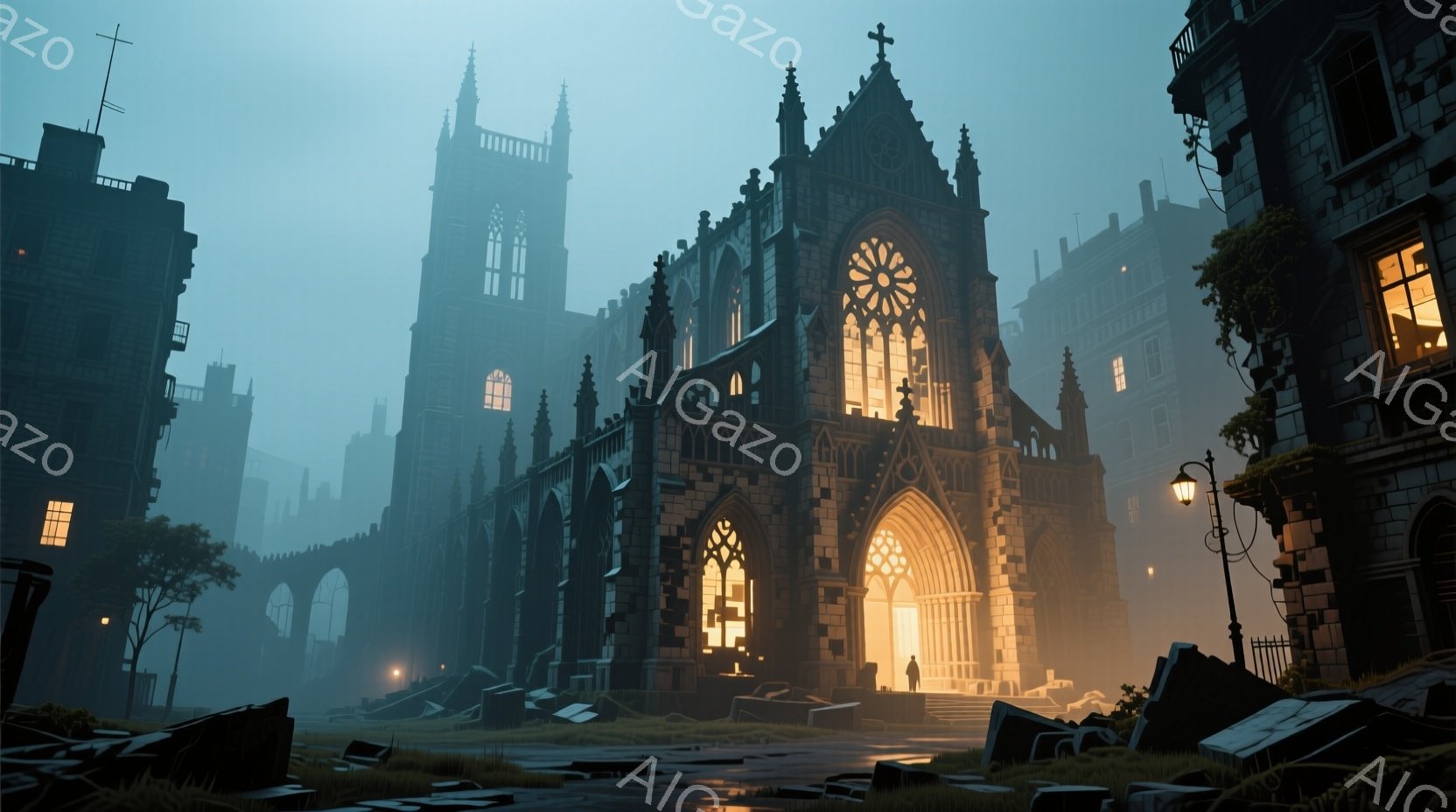 古代のゴシック様式の教会が、霧に包まれた荒れ果てた墓地の前にそびえ立っている。教会の内部から暖かい光が漏れ出し、外の薄暗い風景とのコントラストを際立たせている。一人の人物が教会の入り口に立ち、背を向け - AI生成フリー素材