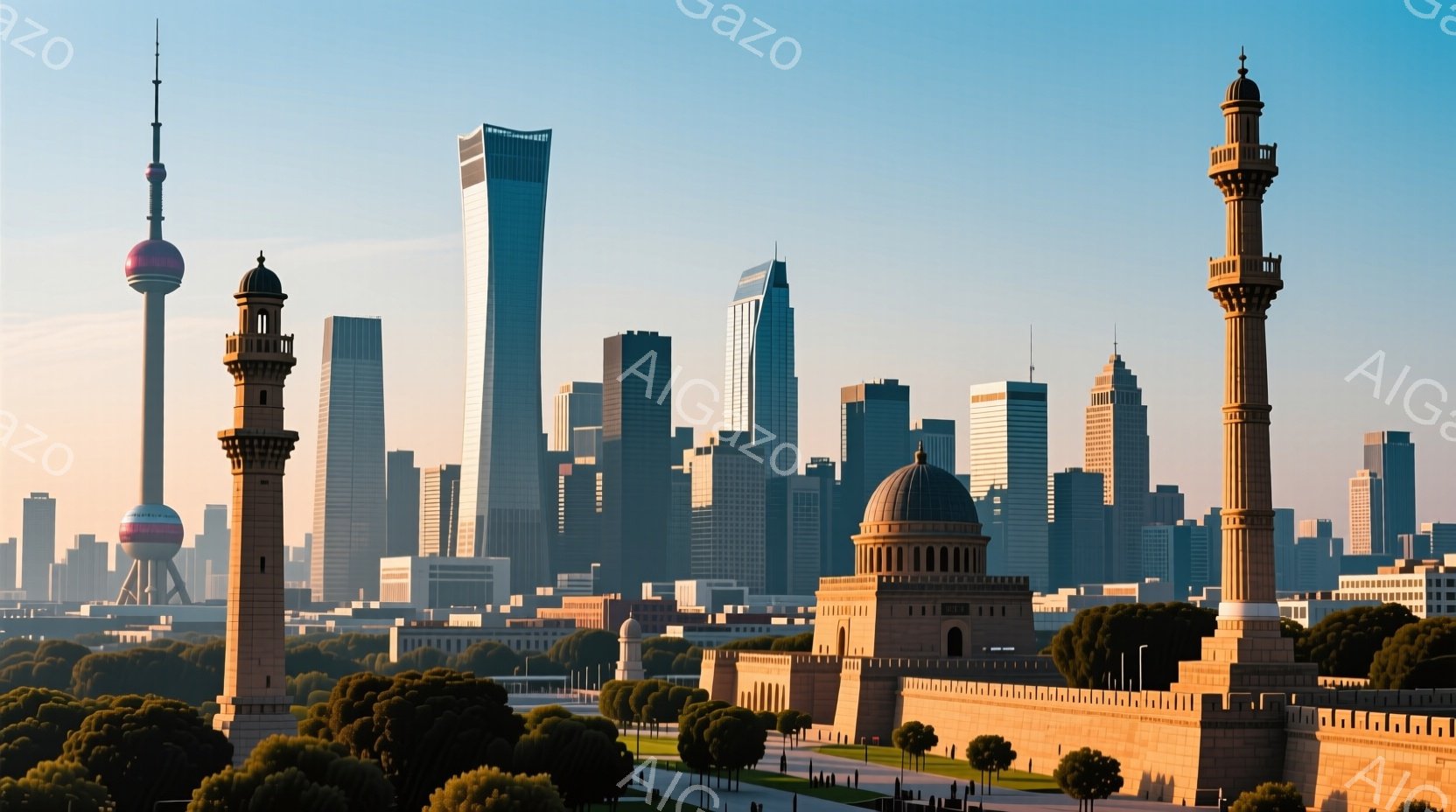 広大な都市の風景が広がっており、中央にはドーム型の建造物と両脇に細長い塔がそびえ立っています。背景には高層ビル群が立ち並び、青空の下、近代的な都市と歴史的な建築物が調和した美しい景色が広がっています。緑豊かな木々が手前に配置され、都市の喧騒から解放された静謐な雰囲気を醸し出しています。