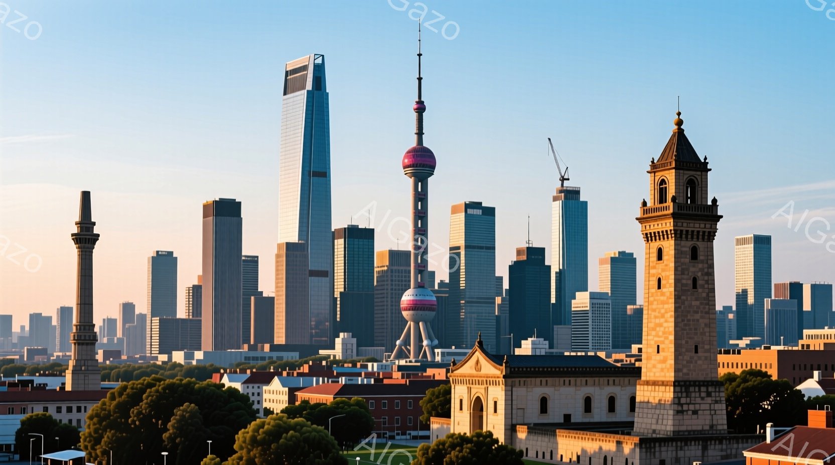 上海の摩天楼が広がる風景で、東方明珠電視塔が印象的な存在感を放っています。手前のレンガ造りの建物群と緑豊かな木々が、近代的な高層ビル群とのコントラストを生み出し、歴史と現代が交差する都市の様子を表しています。空は澄み切っており、全体的に穏やかで平和な雰囲気が漂っています。