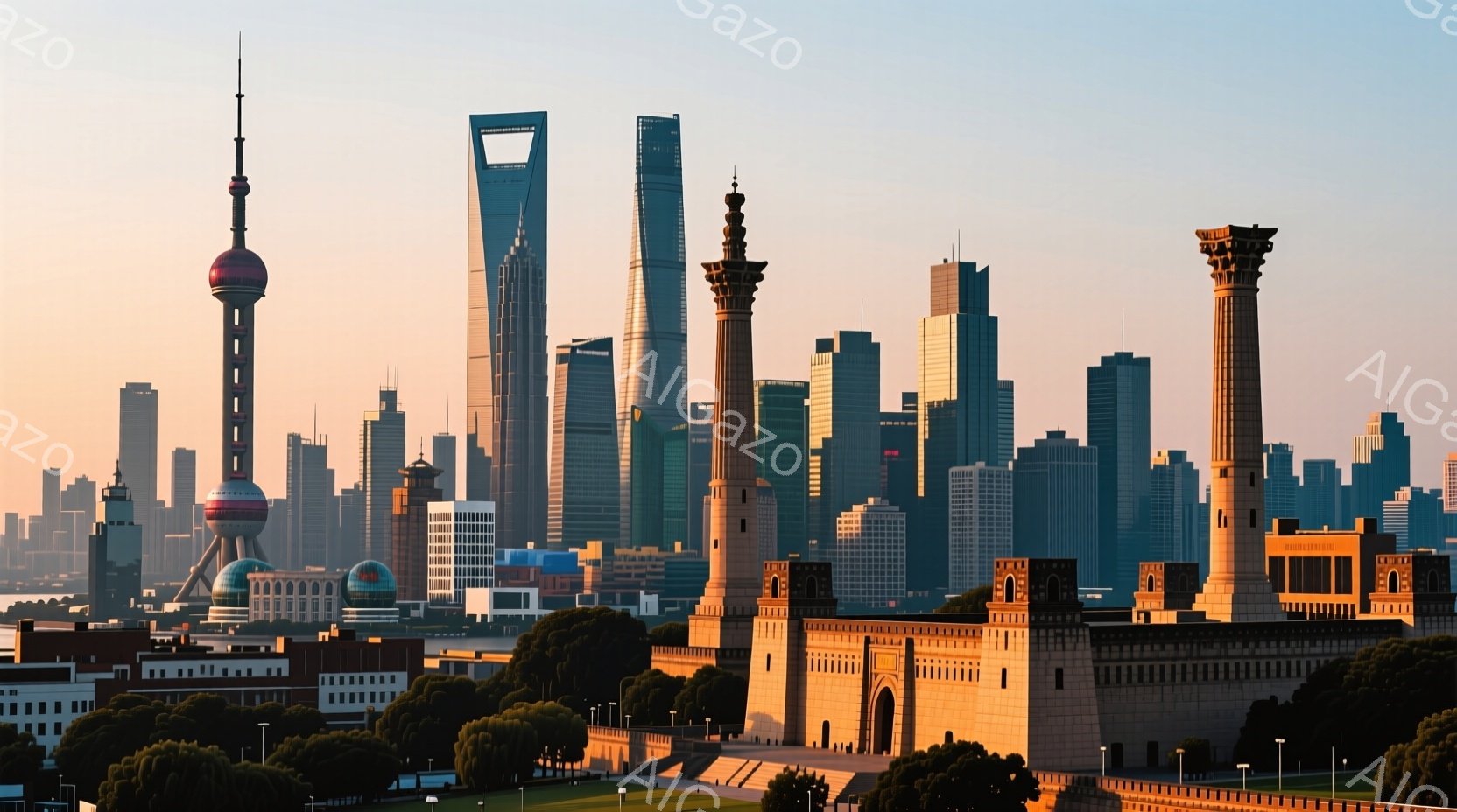 広大な上海のスカイラインが、歴史的な建造物と現代的な高層ビルが混在し、壮大な光景を繰り広げています。歴史的建造物は、白壁と灰色の屋根を持ち、幾何学的な柱が印象的で、手入れの行き届いた緑地と芝生に囲まれています。背景には、霧のかかった朝日のように、様々な高さの超高層ビルが立ち並び、都市の活気と歴史の深さを表現しています。