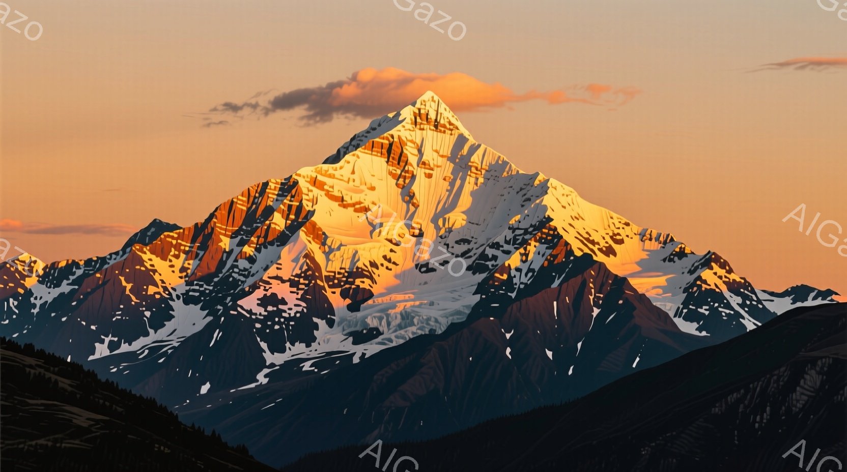 険しい山が夕焼けに照らされ、その稜線は鮮やかなオレンジ色と影のコントラストで強調されている。雪と岩肌が混在した山肌は、力強さと静寂さを感じさせ、遠くの山並みはシルエットとして浮かび上がっている。全体として、荘厳で自然の力を感じさせる静謐な風景が広がっている。