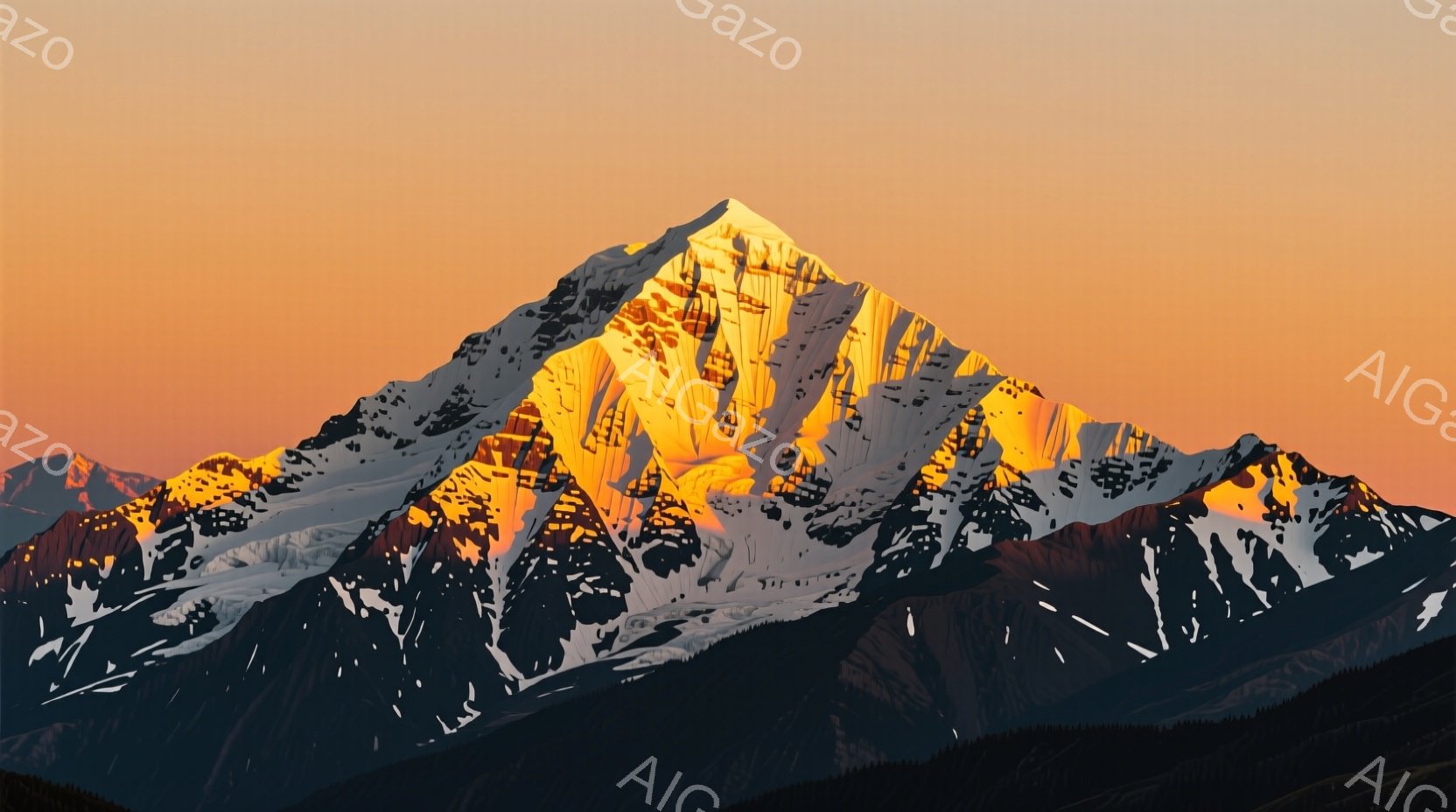 雪を頂いた山が、夕焼けのようなオレンジ色の光を浴びて輝いている。山の斜面は影と光のコントラストが強く、その複雑な地形を際立たせている。背景は暗く、山だけが暖かく明るい光に包まれて、荘厳で静謐な雰囲気を醸し出している。