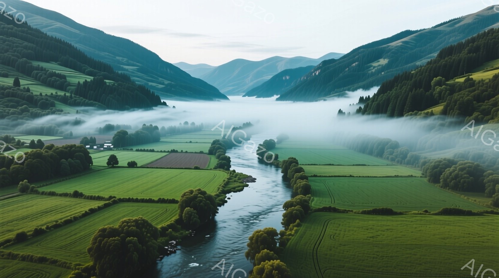 鬱蒼とした緑の丘と畑が広がり、その間を蛇行する川が印象的な風景です。川沿いには丸い樹木が点在し、遠くには霧に包まれた山々が連なっています。全体的に穏やかで静謐な雰囲気が漂い、自然の美しさを堪能できる情景です。