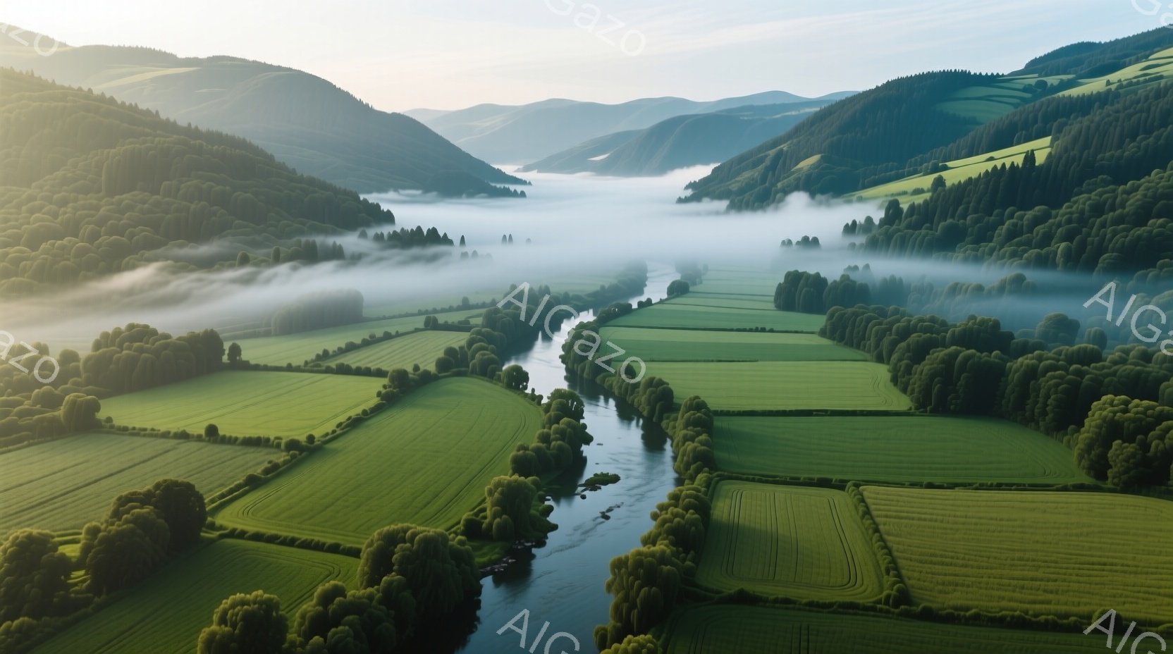 広大な緑の田園風景が広がり、蛇行する川がその中心を流れている。朝霧が谷間を覆い、神秘的な雰囲気を醸し出しており、遠くの丘陵は霧に霞んでいる。田園地帯は整然と区画されており、自然と人間の手によって作られた景観が調和している。