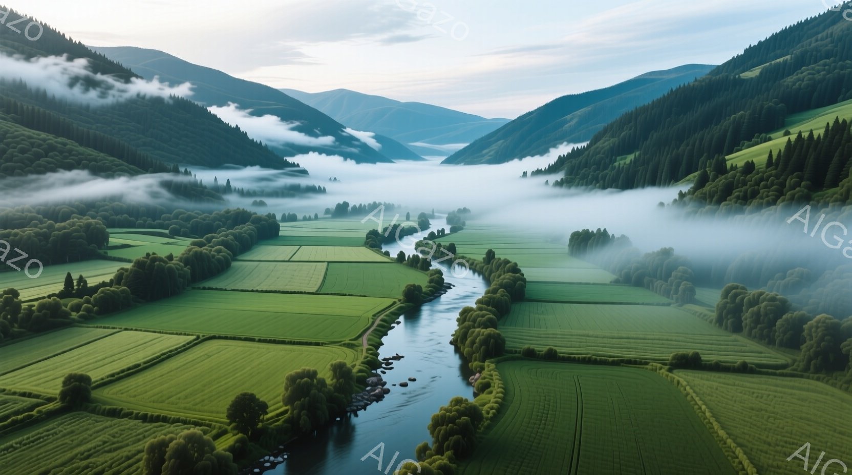 緑豊かな田園風景が広がり、蛇行する川がその中心を流れている。周囲をなだらかな丘と深い緑の森林に囲まれ、霧が谷間を漂い幻想的な雰囲気を醸し出している。全体的に穏やかで静謐な、自然の美しさが際立つ風景だ。 - AI生成フリー素材
