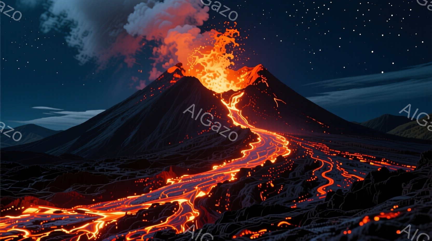 漆黒の山が燃え盛る溶岩を噴出し、夜空に赤々と光る様子が描かれています。溶岩は山肌を流れ落ち、暗い大地を照らし出しており、背景にはかすかに他の山々が見えます。全体的に、激しく、ドラマチックで、自然の力強 - AI生成フリー素材